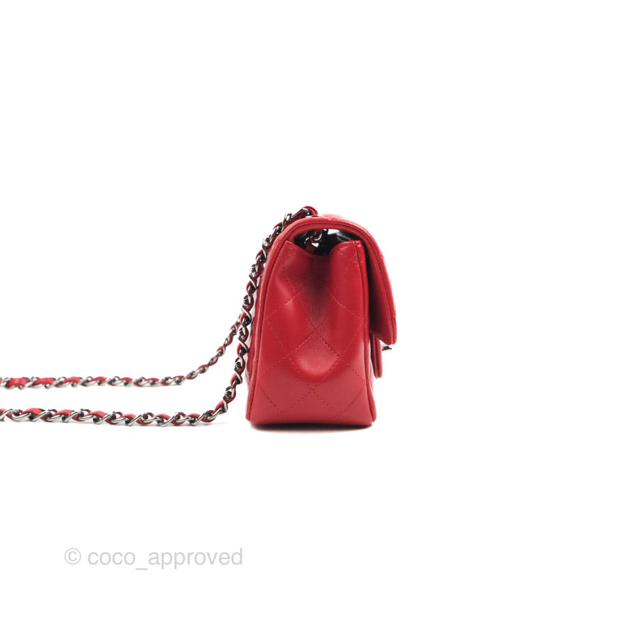 Chanel Quilted Mini Square Red Lambskin Gun Metal