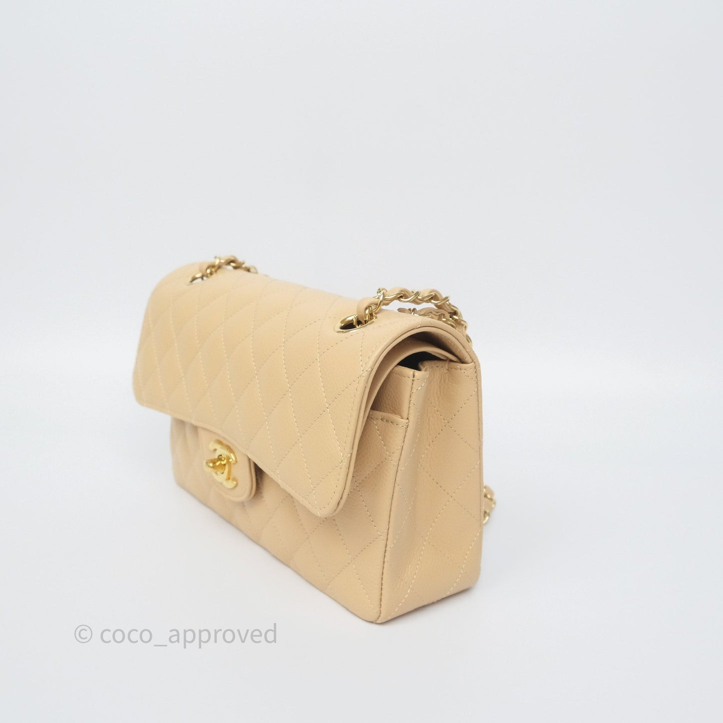 Chanel Small Classic Flap Quilted Beige Caviar Gold Hardware