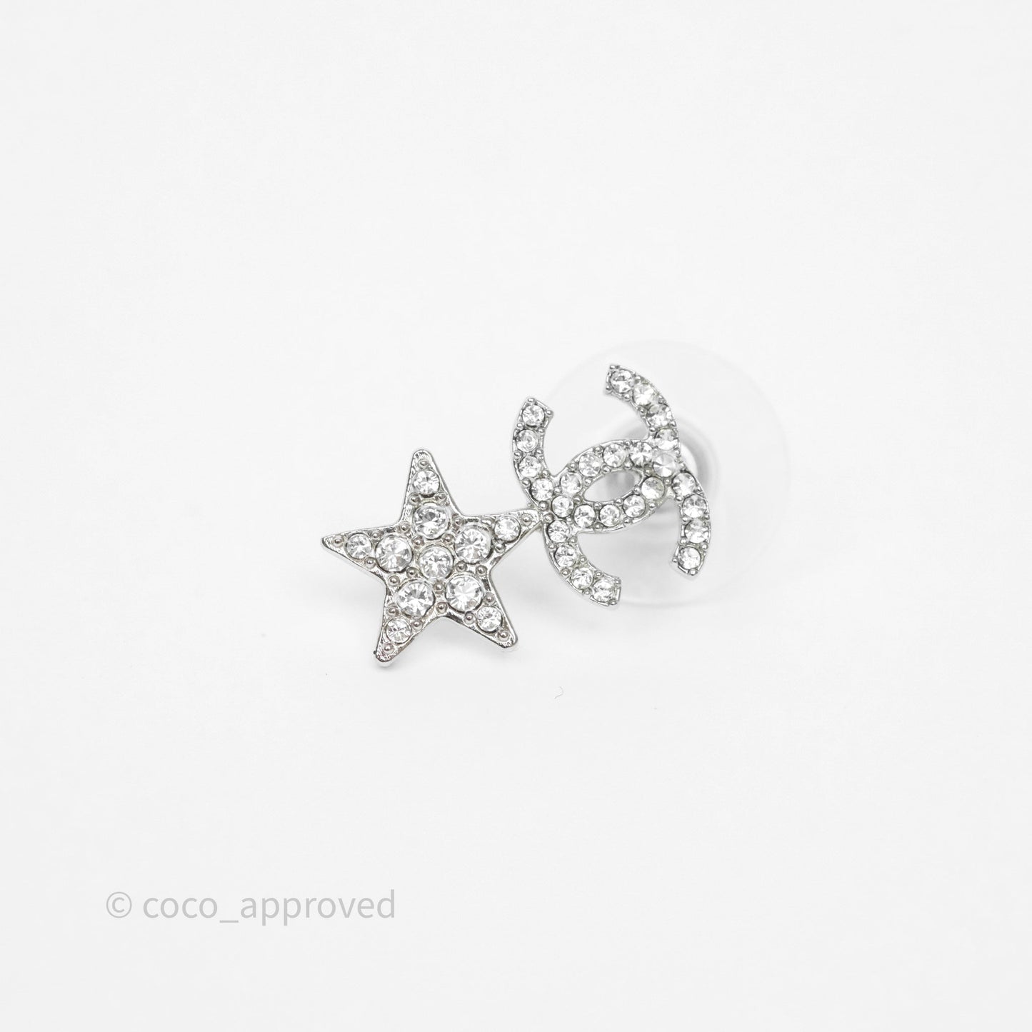 Chanel Crystal CC Star Earrings Silver Tone 20P