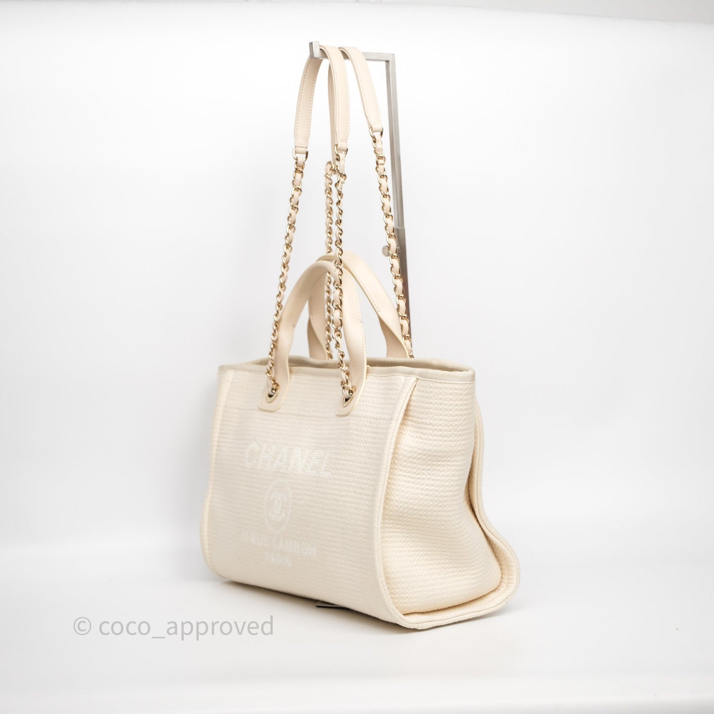 Chanel New Small Deauville Cream Ivory Canvas Light Gold Hardware