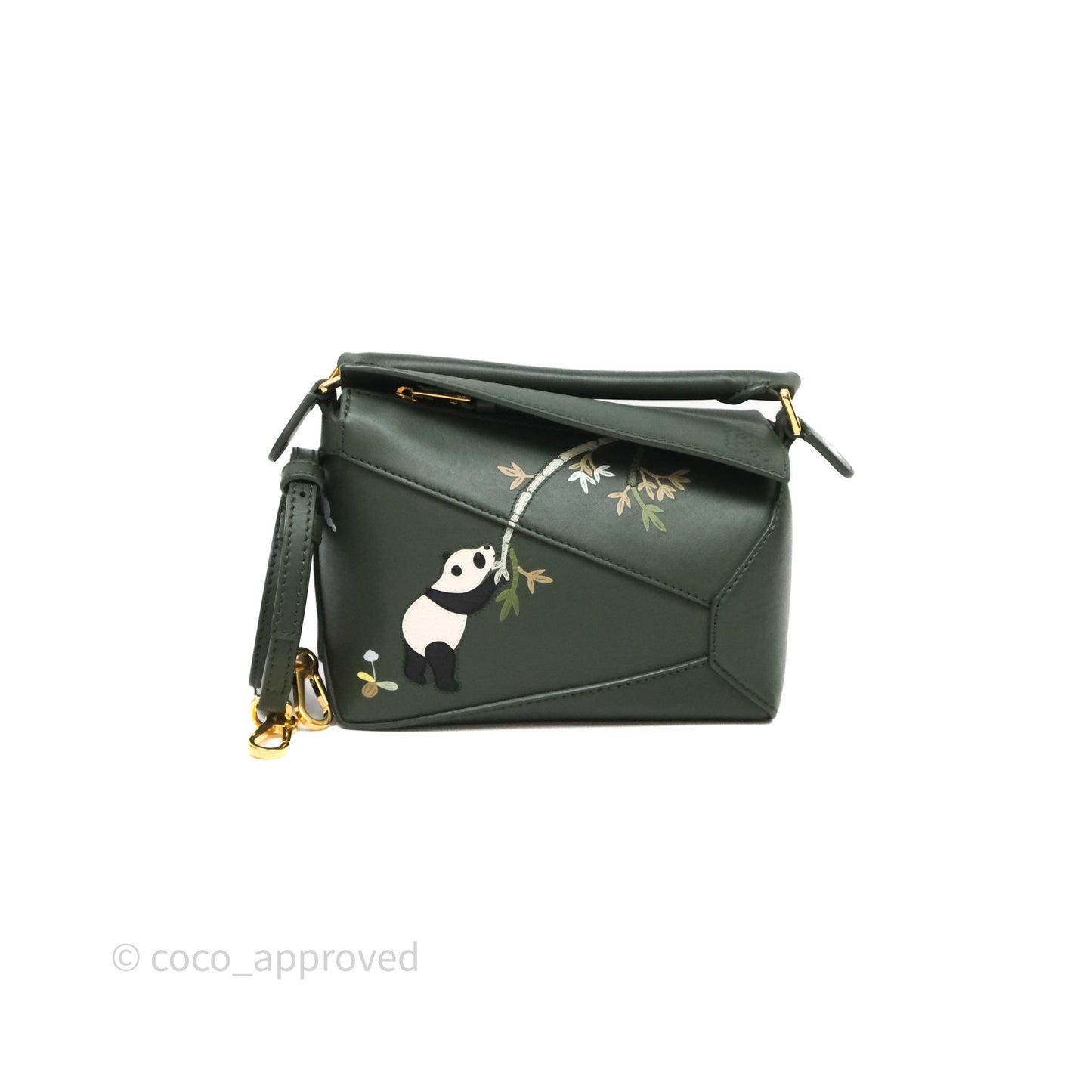 Loewe X SUNA FUJITA Mini Pandas Puzzle Bag Dark Green Calfskin Gold Hardware