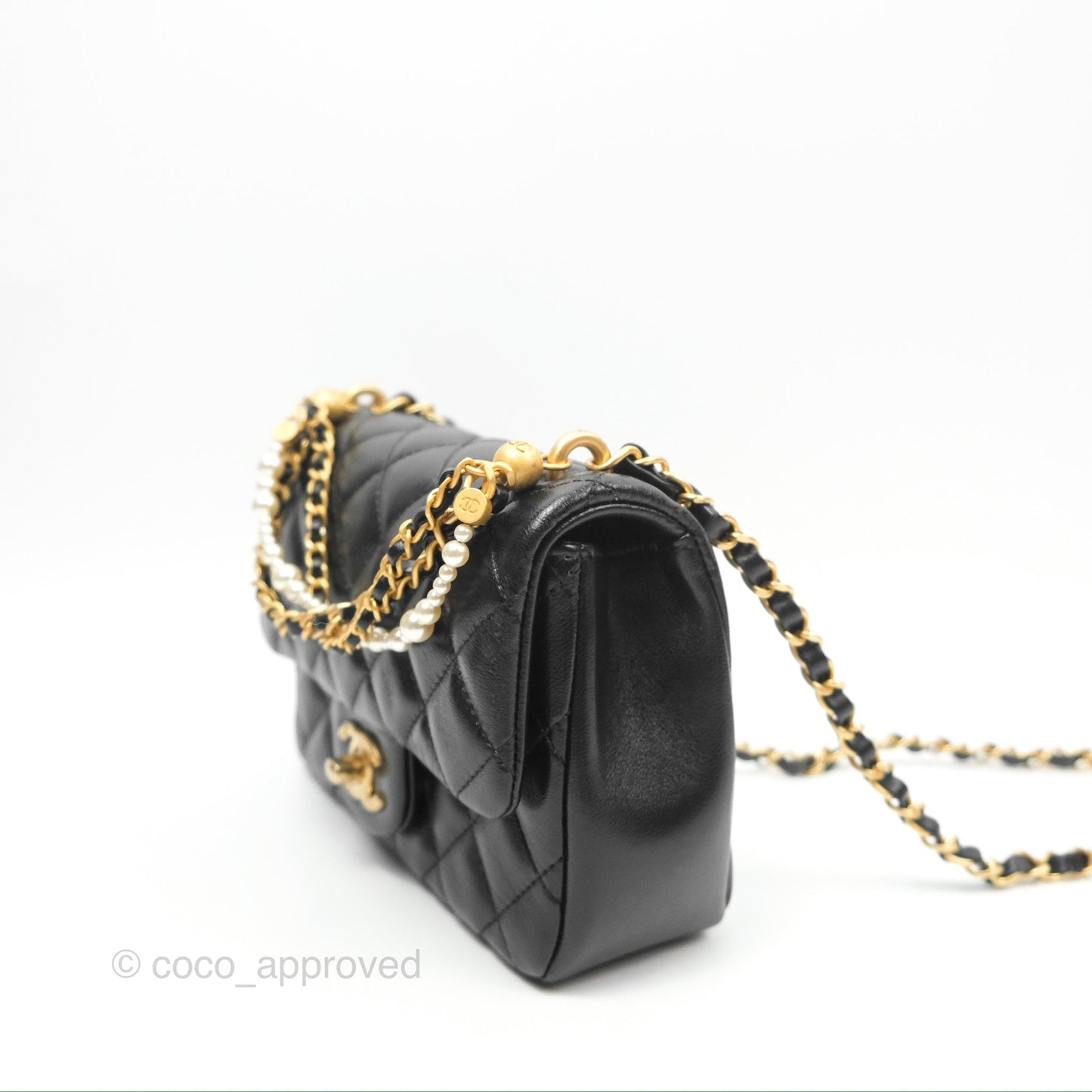 Chanel Mini Flap Bag with Pearl Chain Black Shiny Lambskin Aged Gold Hardware 24P