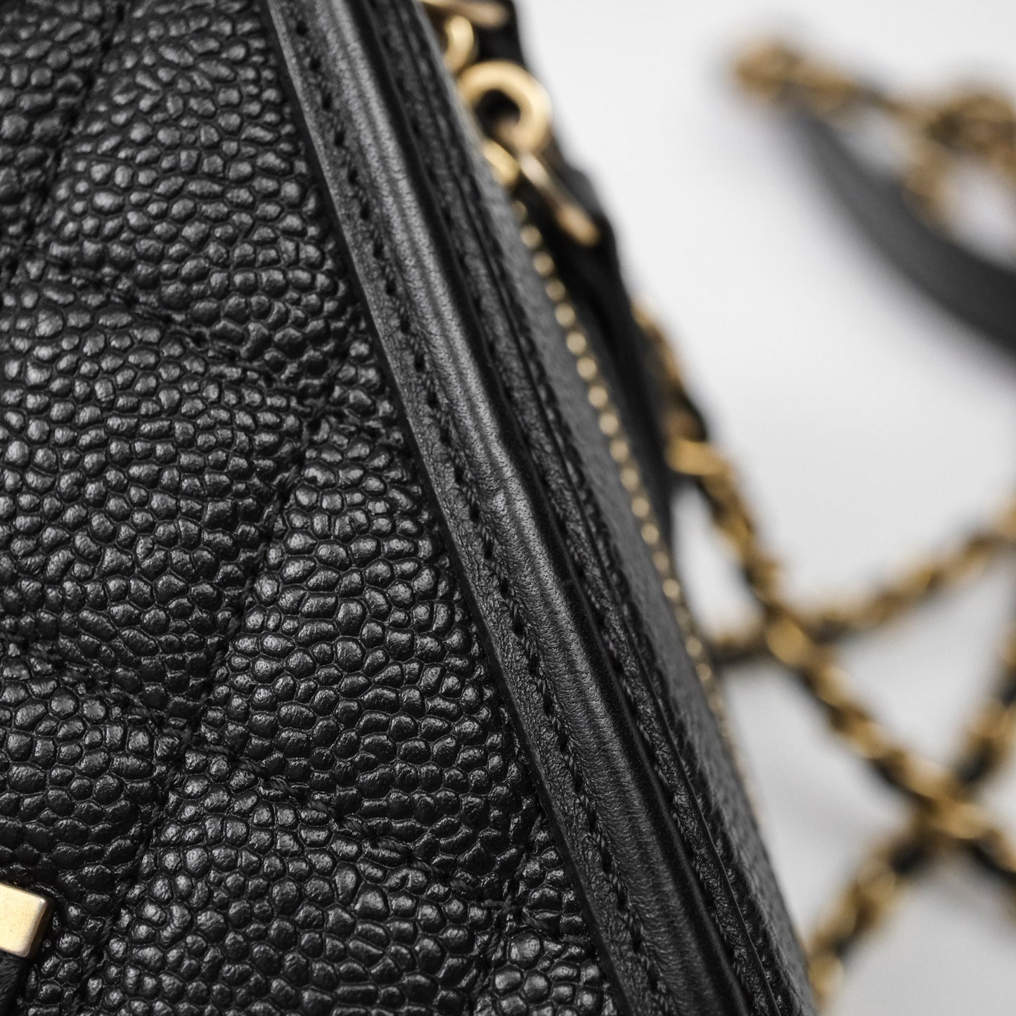 Chanel Quilted Small CC Filigree Vanity Case Black Caviar Aged Gold Hardware