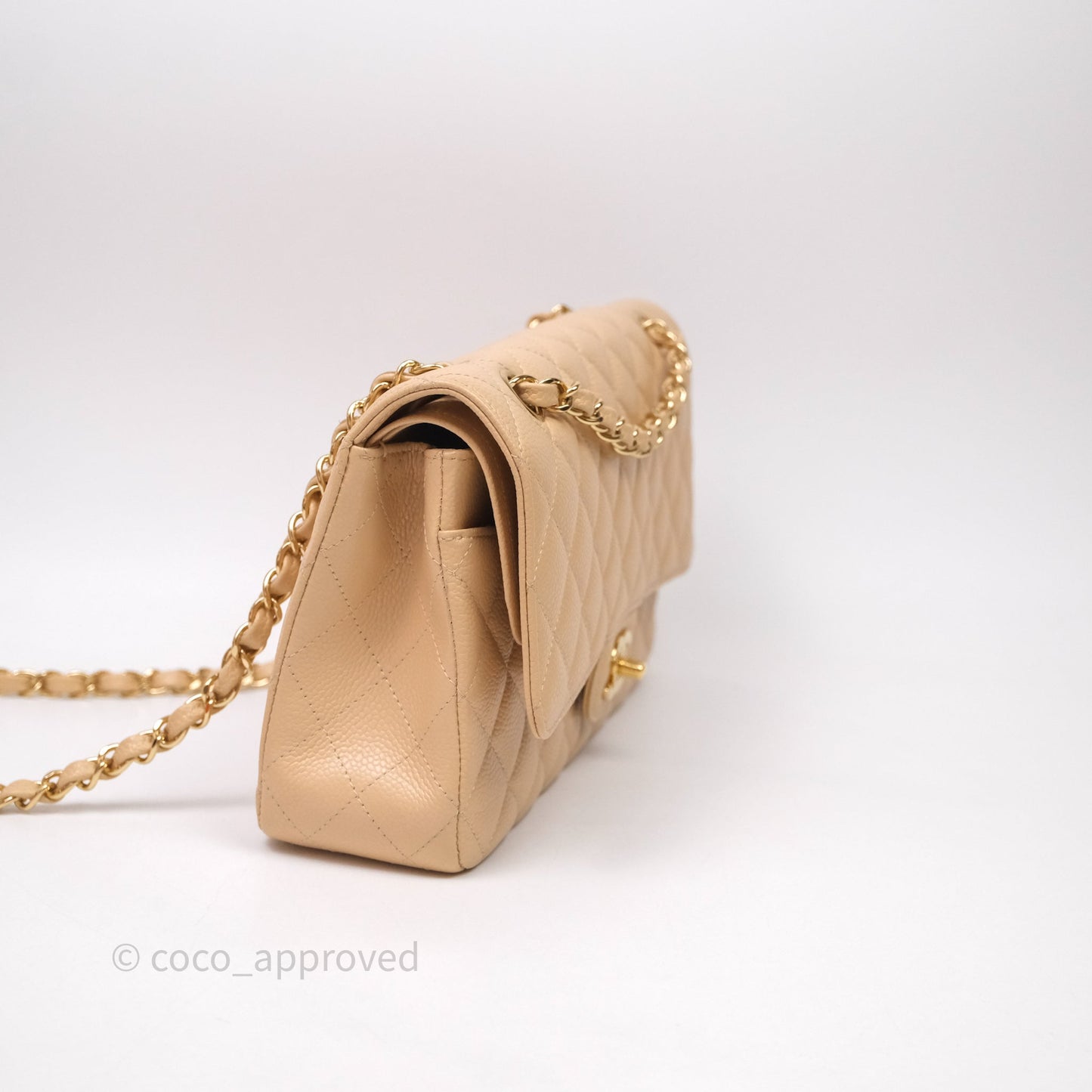 Chanel Classic M/L Medium Flap Quilted Beige Caviar Gold Hardware