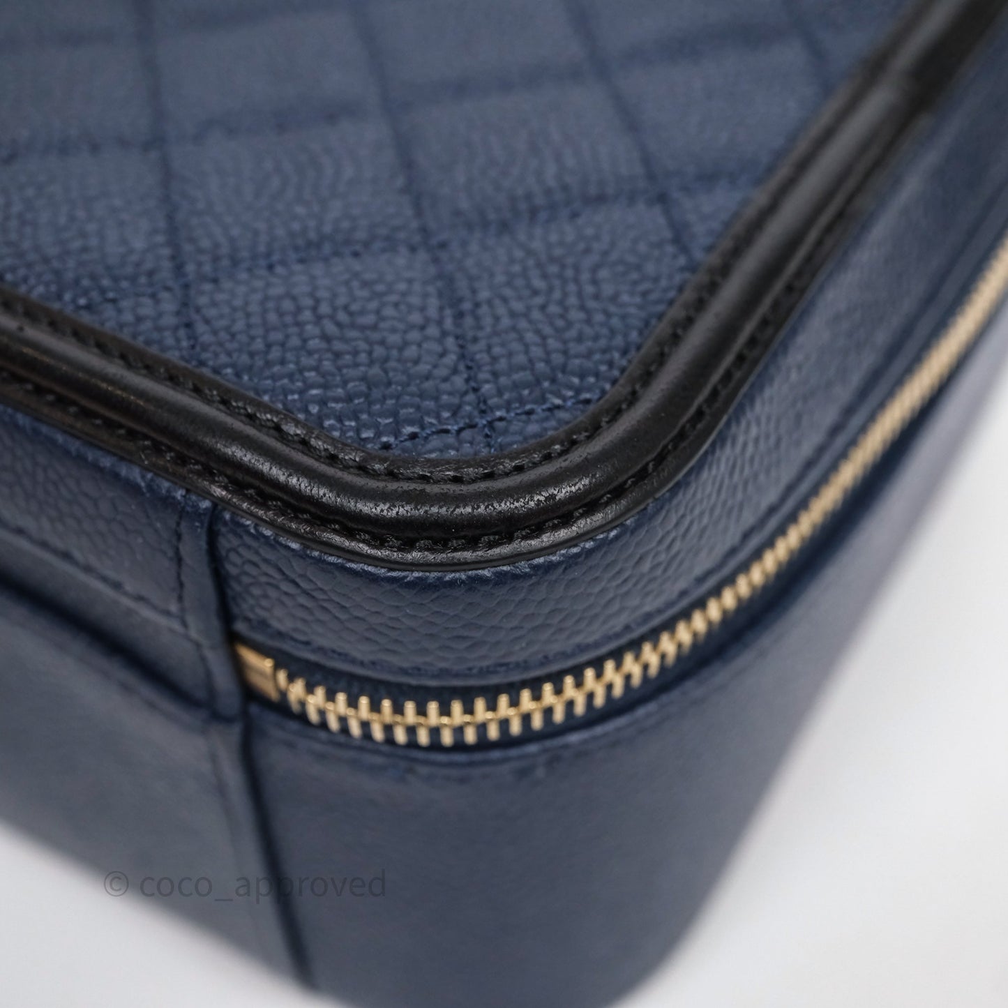 Chanel Quilted Large CC Filigree Vanity Case Navy Black Caviar Aged Gold Hardware