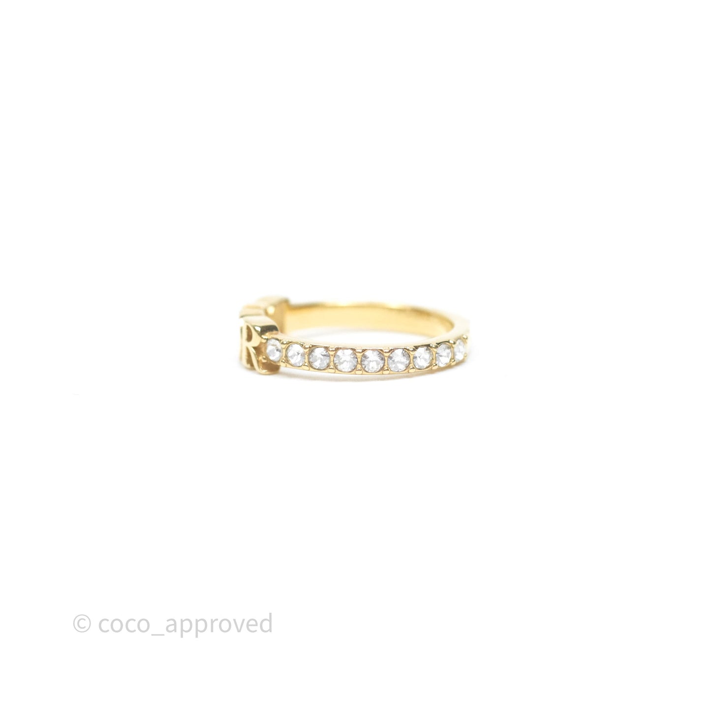 Christian Dior Crystal Logo Ring Gold Tone Size M