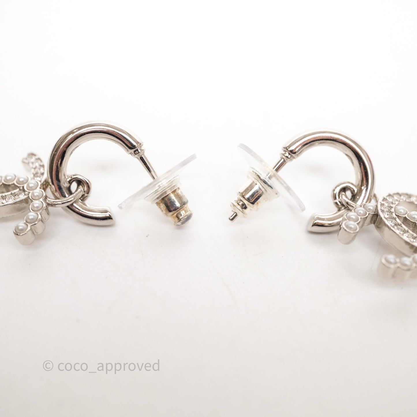 Chanel CC Crystal Pearl Drop Earrings Silver Tone 24S