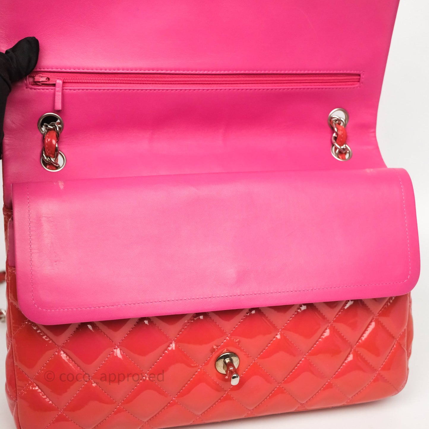 Chanel Jumbo Double Flap Red Orange Patent Silver Hardware⁣⁣