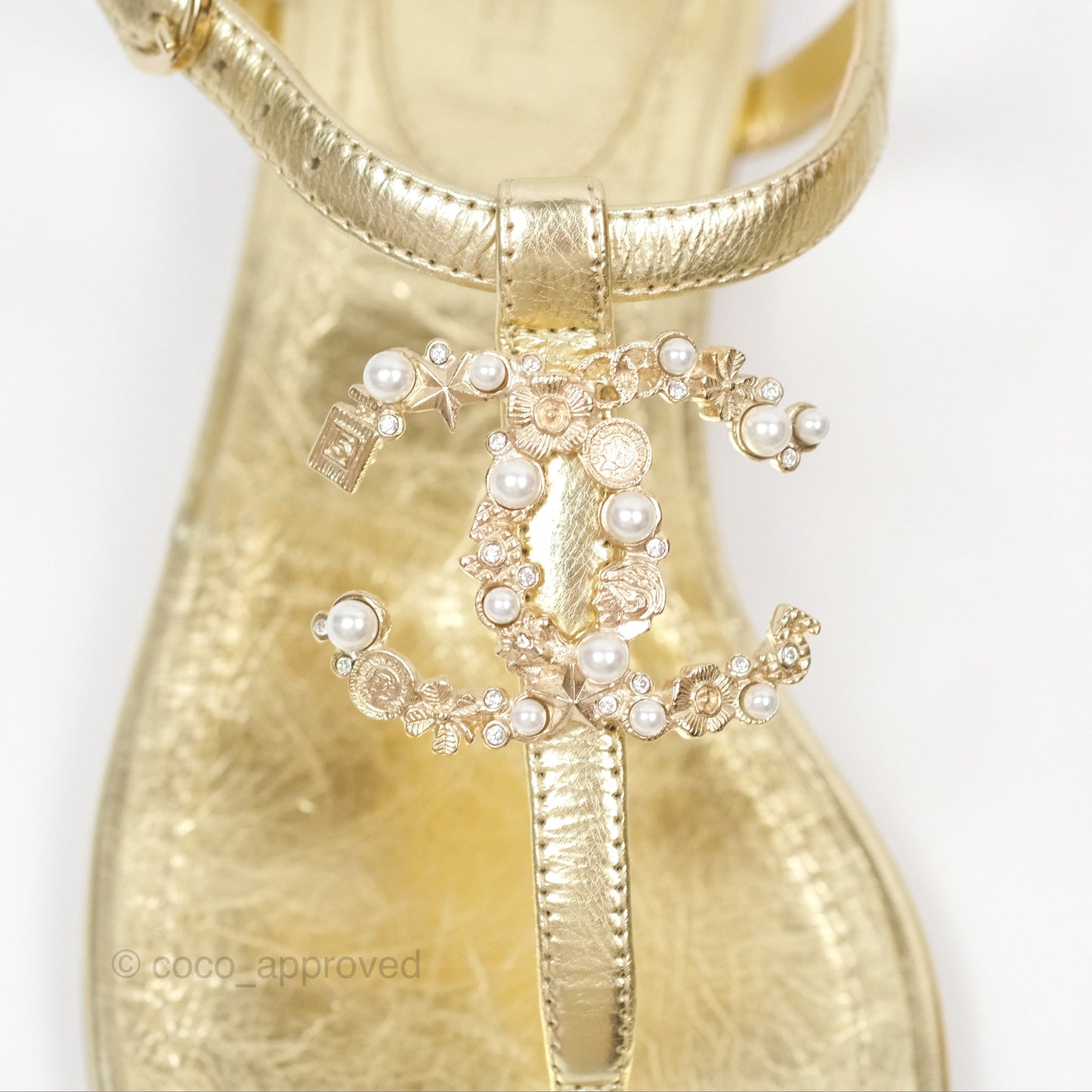 Chanel CC  Gold Metallic Leather Stone Thong Sandals Size 35