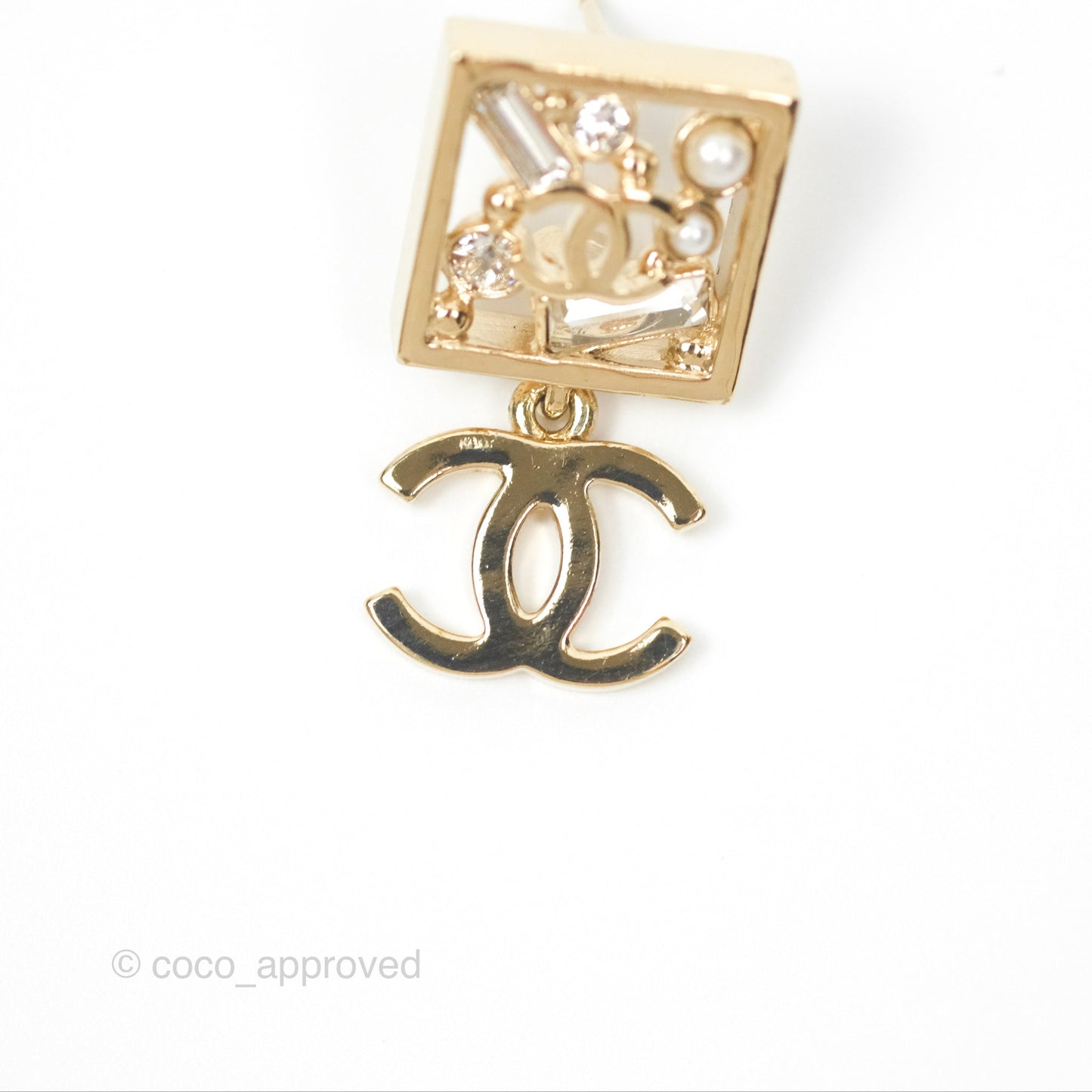 Chanel Square Crystal Pearl CC Drop Earrings Gold Tone 22C