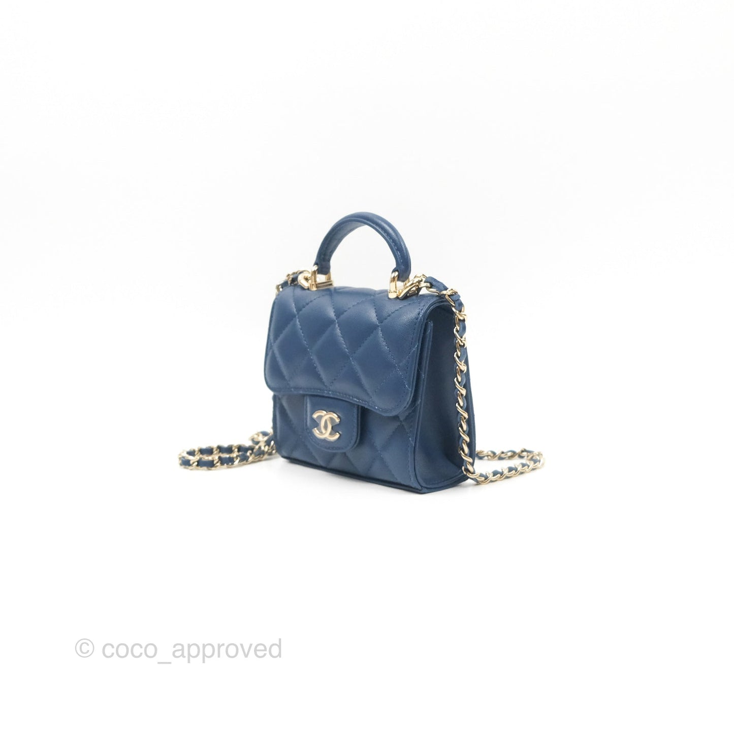 Chanel Mini Handle Clutch With Chain Navy Lambskin Gold Hardware