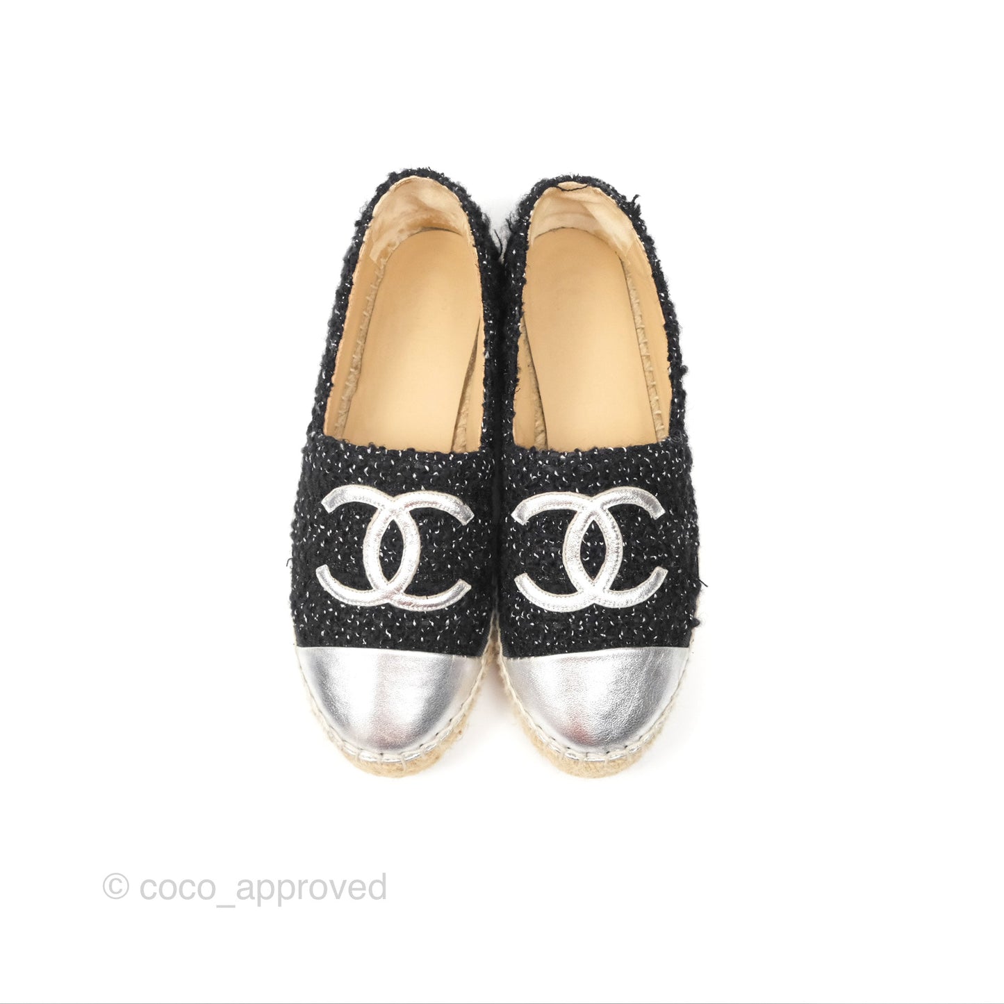 Chanel Espadrille Black Silver Tweed Size 37