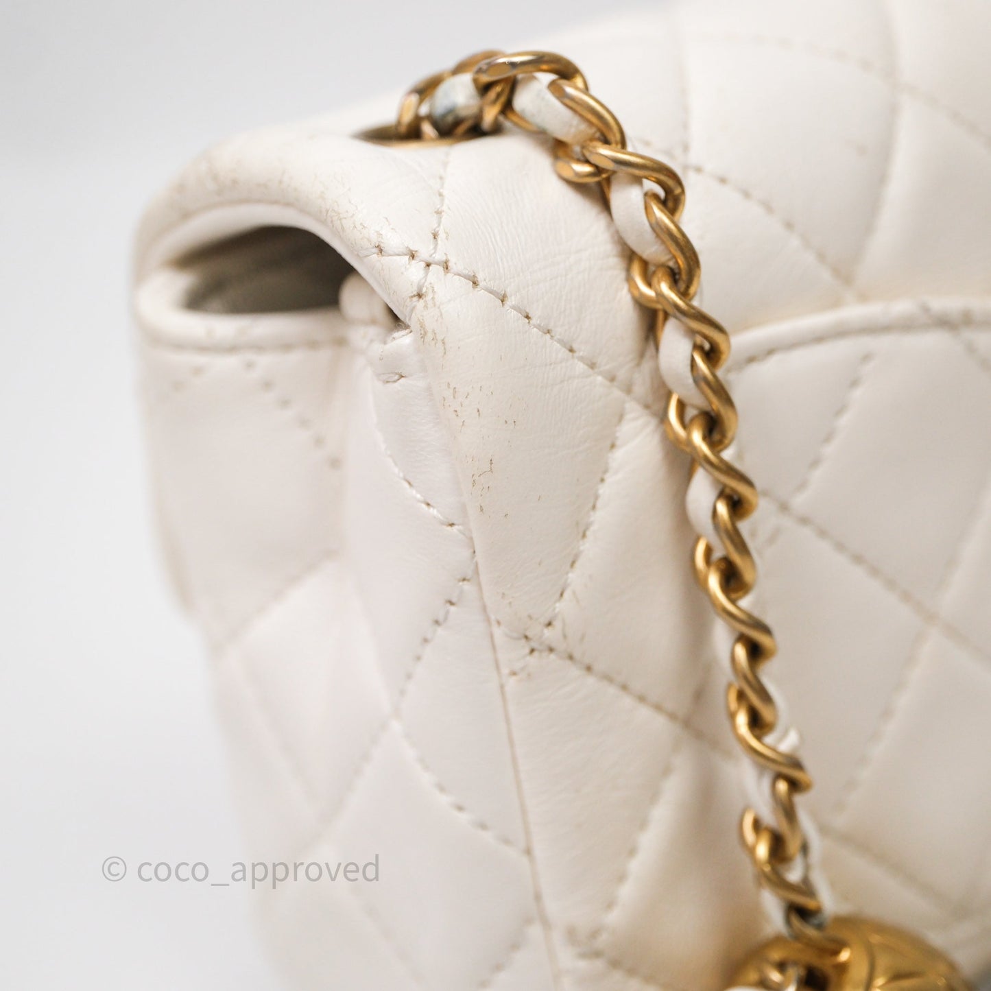 Chanel Mini Rectangular Pearl Crush Quilted White Lambskin Aged Gold Hardware