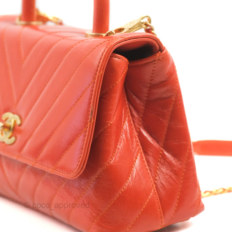 Chanel Chevron Small Coco Handle Dark Orange Shiny Aged Calfskin Aged Gold Hardware