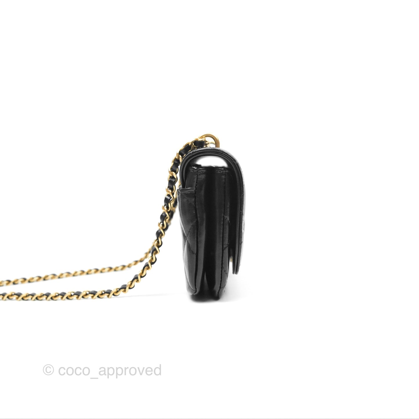 Chanel Flap Phone Holder With Chain Quilted Black Shiny Lambskin