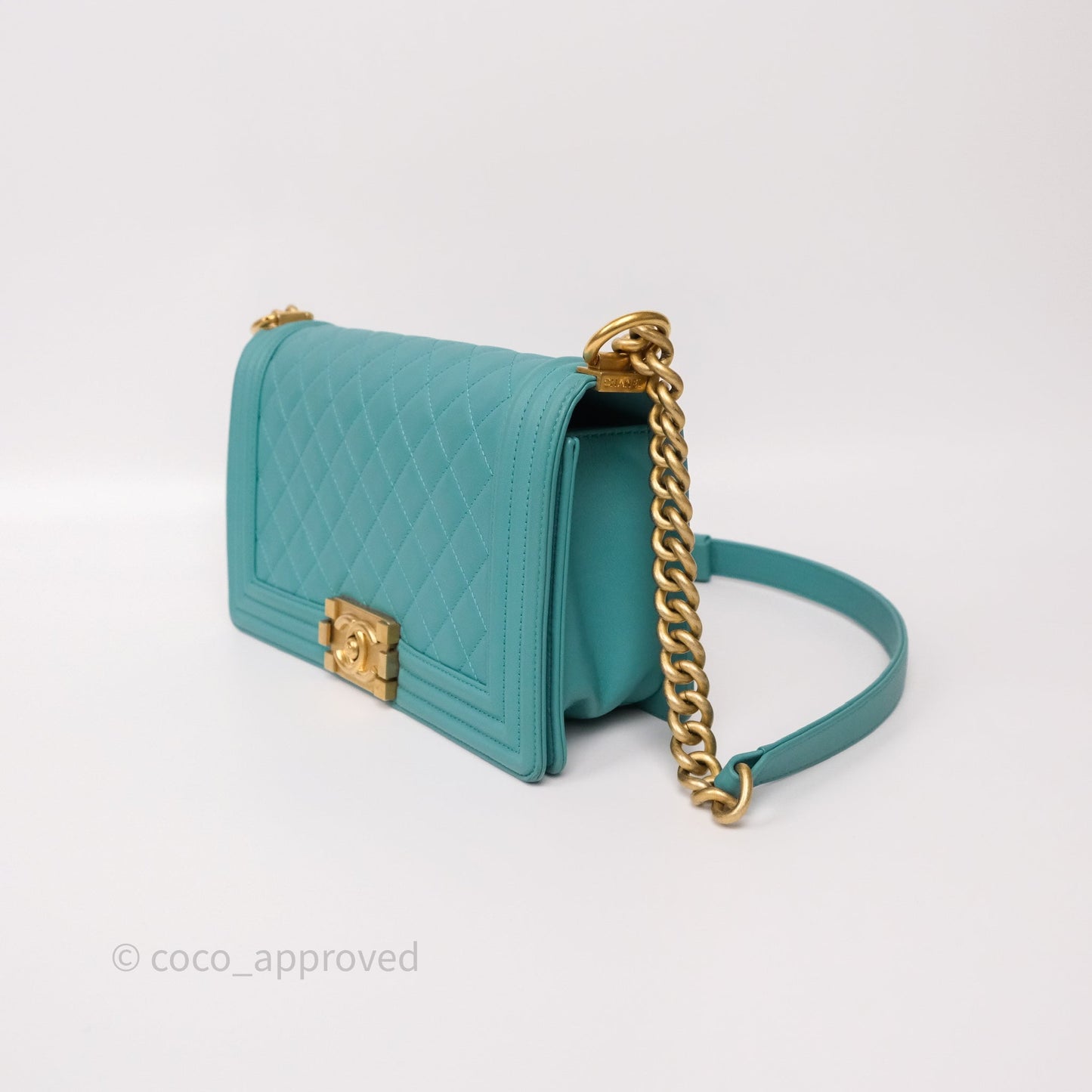 Chanel Medium Boy Quilted Turquoise Calfskin Aged Gold Hardware