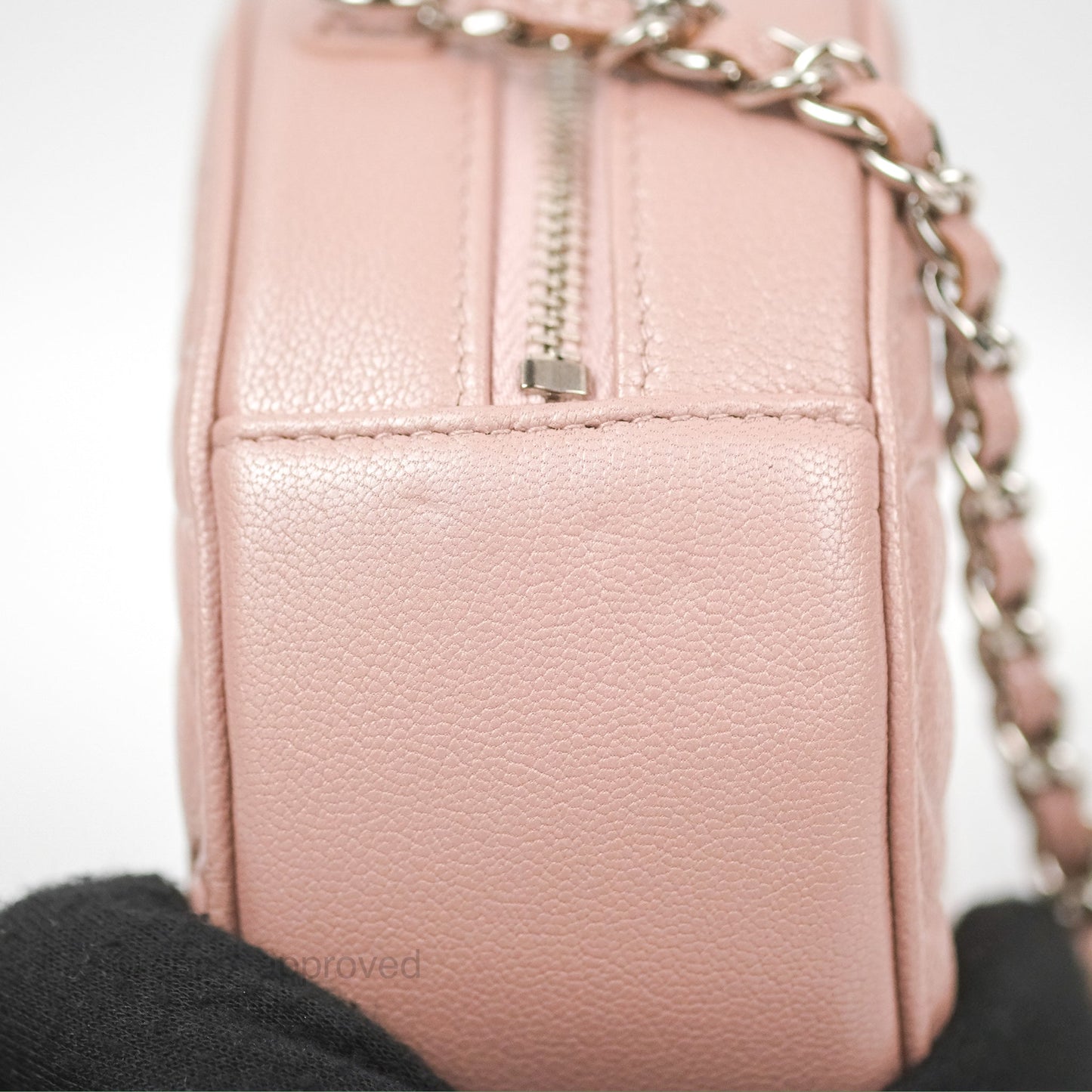 Chanel Camellia Embossed Round Clutch With Chain Iridescent Light Pink Goatskin Silver Hardware