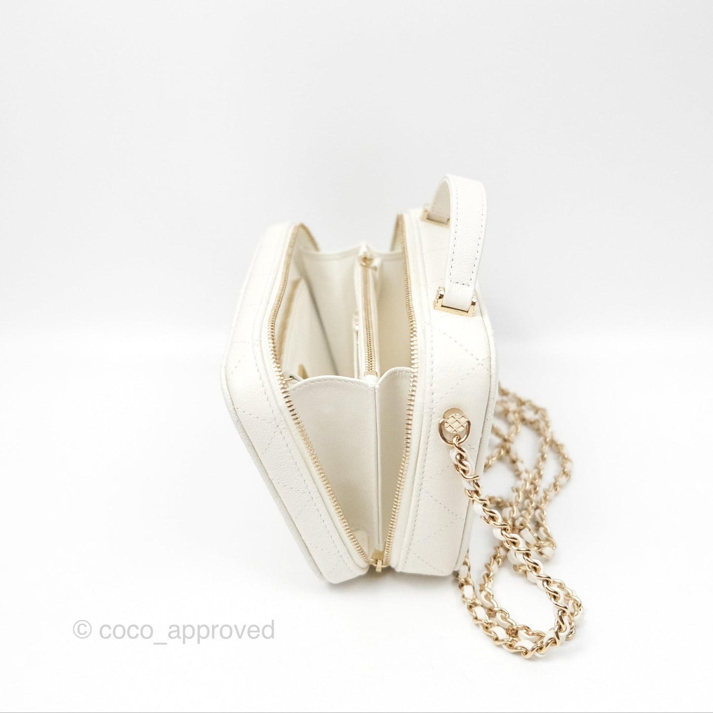Chanel Quilted Top Handle Vanity White Caviar Gold Hardware