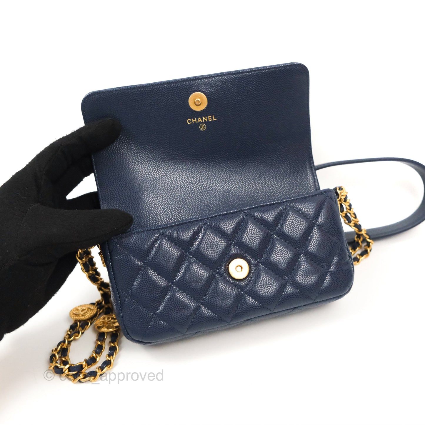 Chanel Twist Your Button Phone Bag Navy Shiny Caviar Aged Gold Hardware 22A