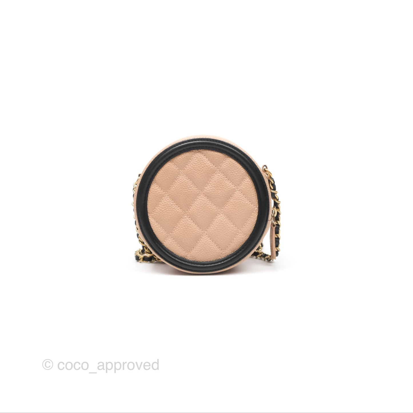 Chanel Quilted Round Filigree Clutch With Chain Beige Black Caviar Gold Hardware