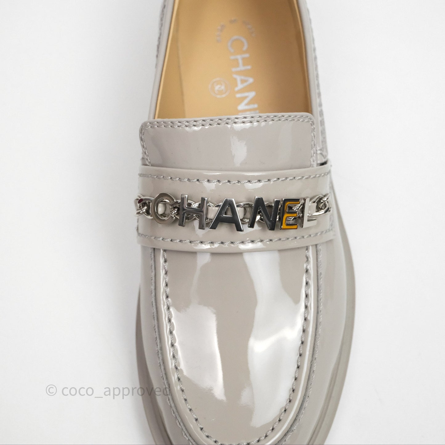 Chanel Patent Calfskin Light Grey Loafers 23A Size 37