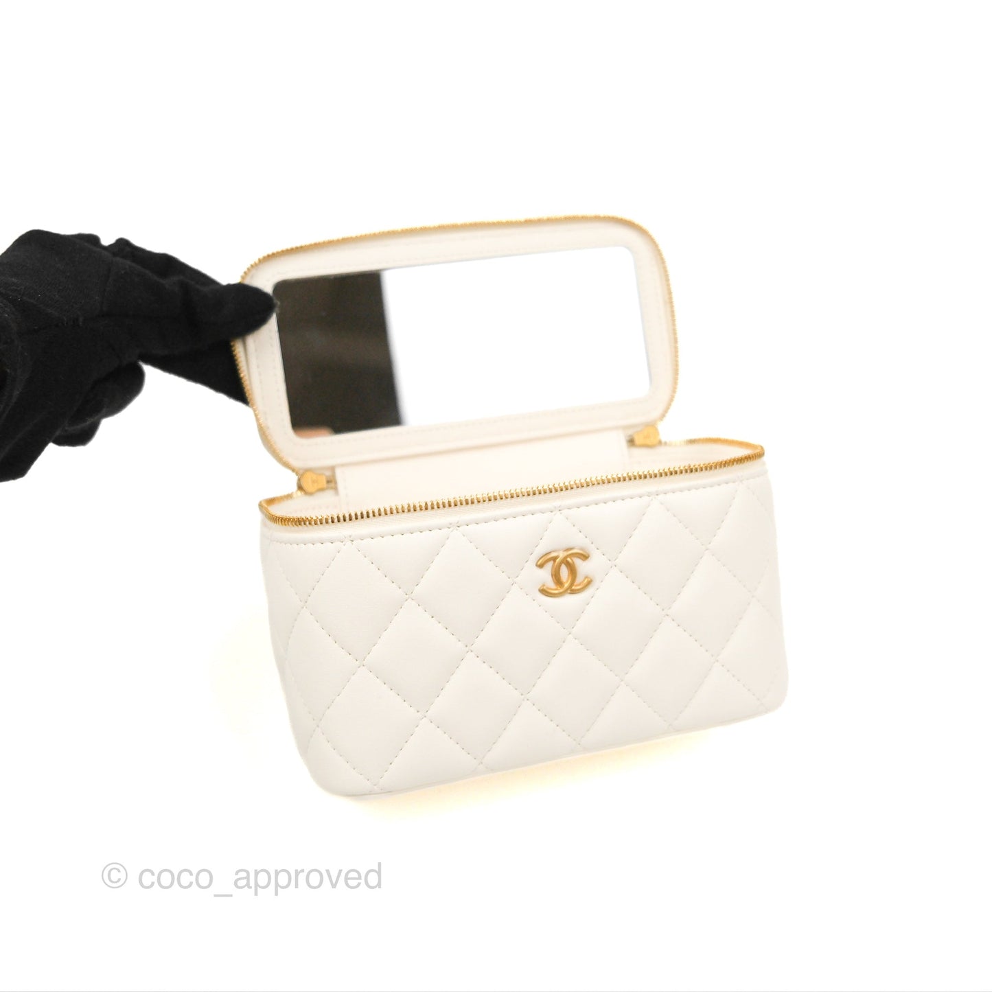 Chanel Vanity with COCO Heart Chain White Lambskin Aged Gold Hardware