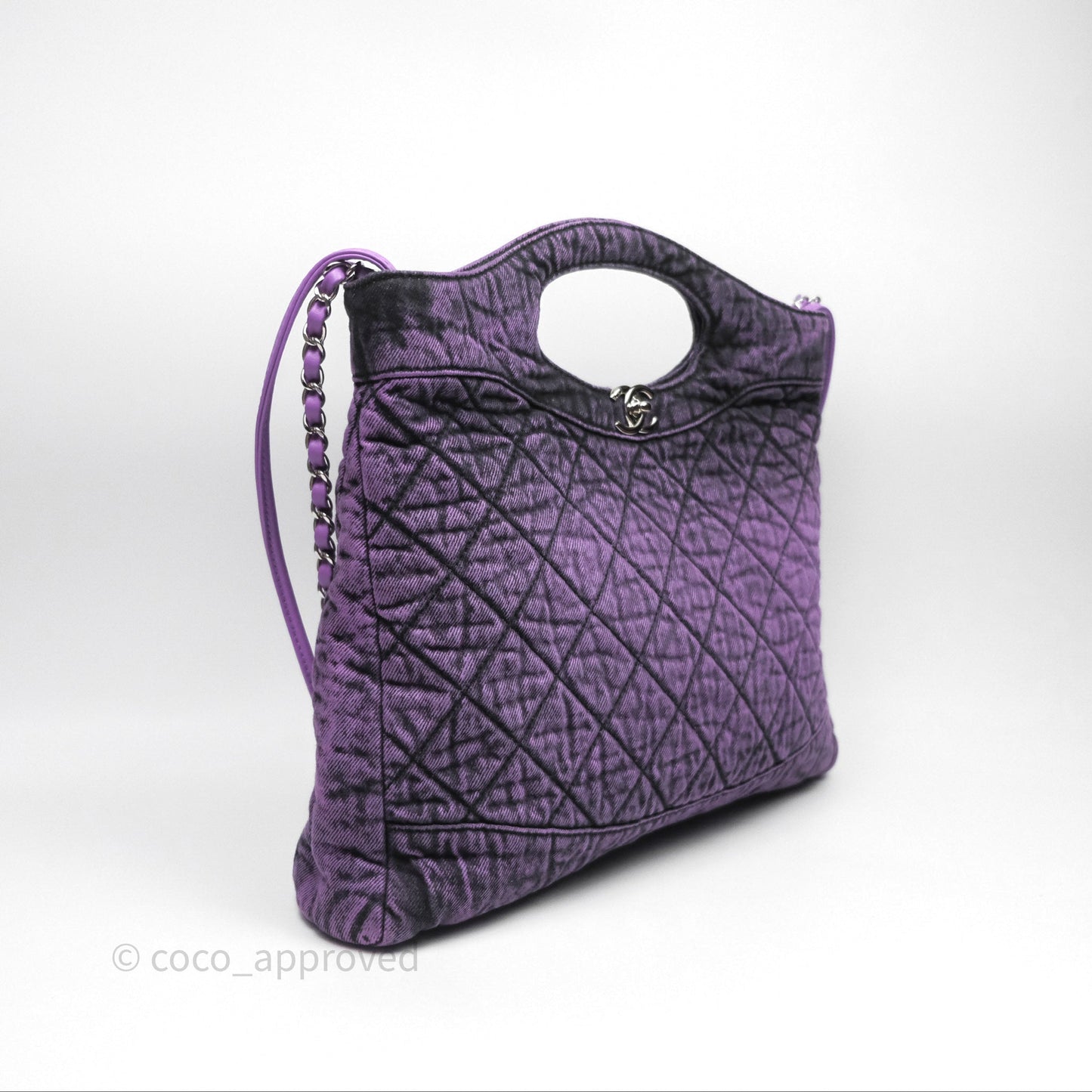Chanel 31 Large Shopping Bag Quilted Denimpression Purple Black Silver Hardware