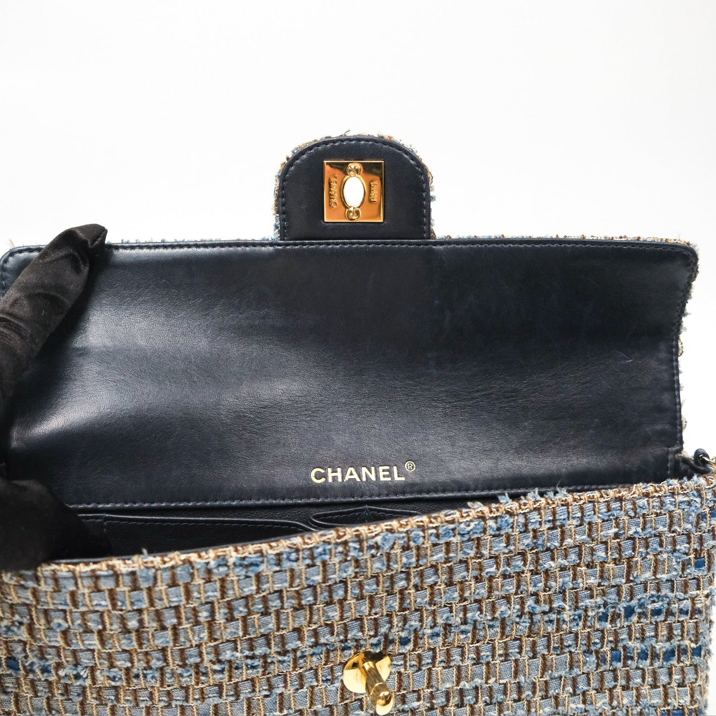 Chanel East West Chocolate Bar Flap Bag Grey Blue Tweed 24K Gold Hardware