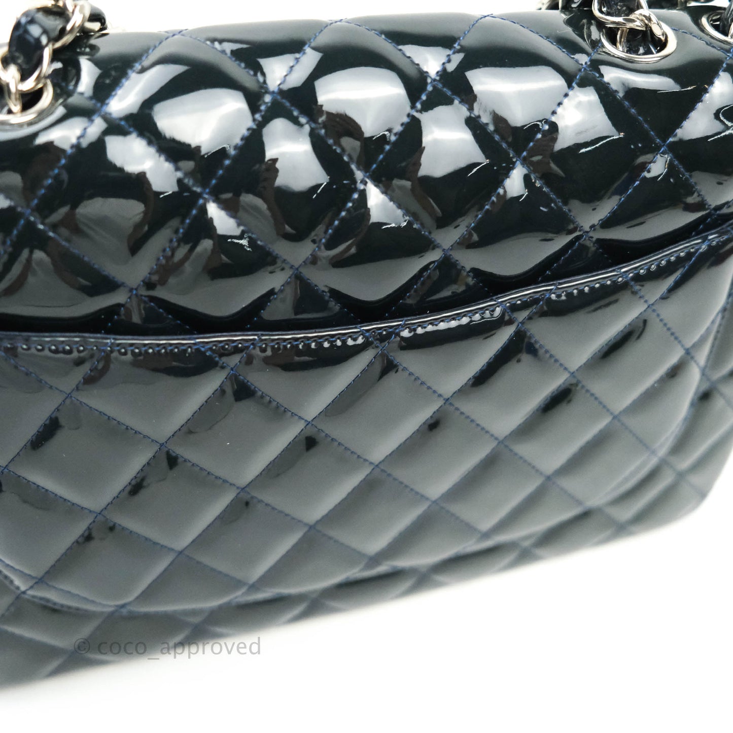 Chanel Jumbo Single Flap Teal Blue Patent Silver Hardware
