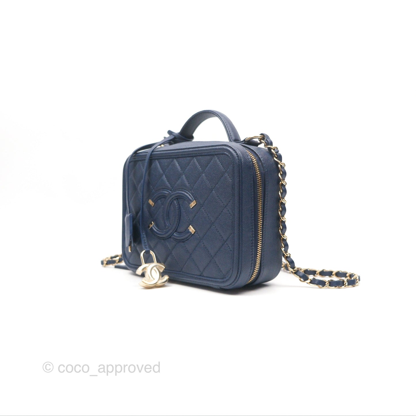 Chanel Quilted Medium CC Filigree Vanity Case Dark Navy Caviar Gold Hardware