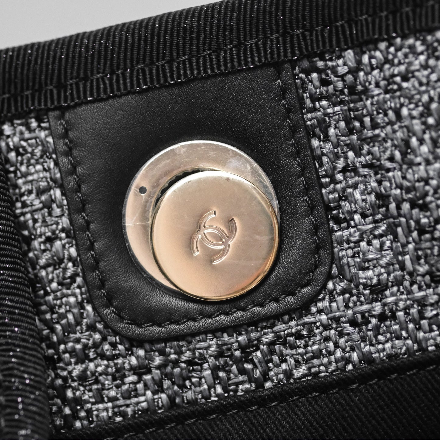 Chanel Large Deauville Glitter Black Grey Raffia Gold Hardware