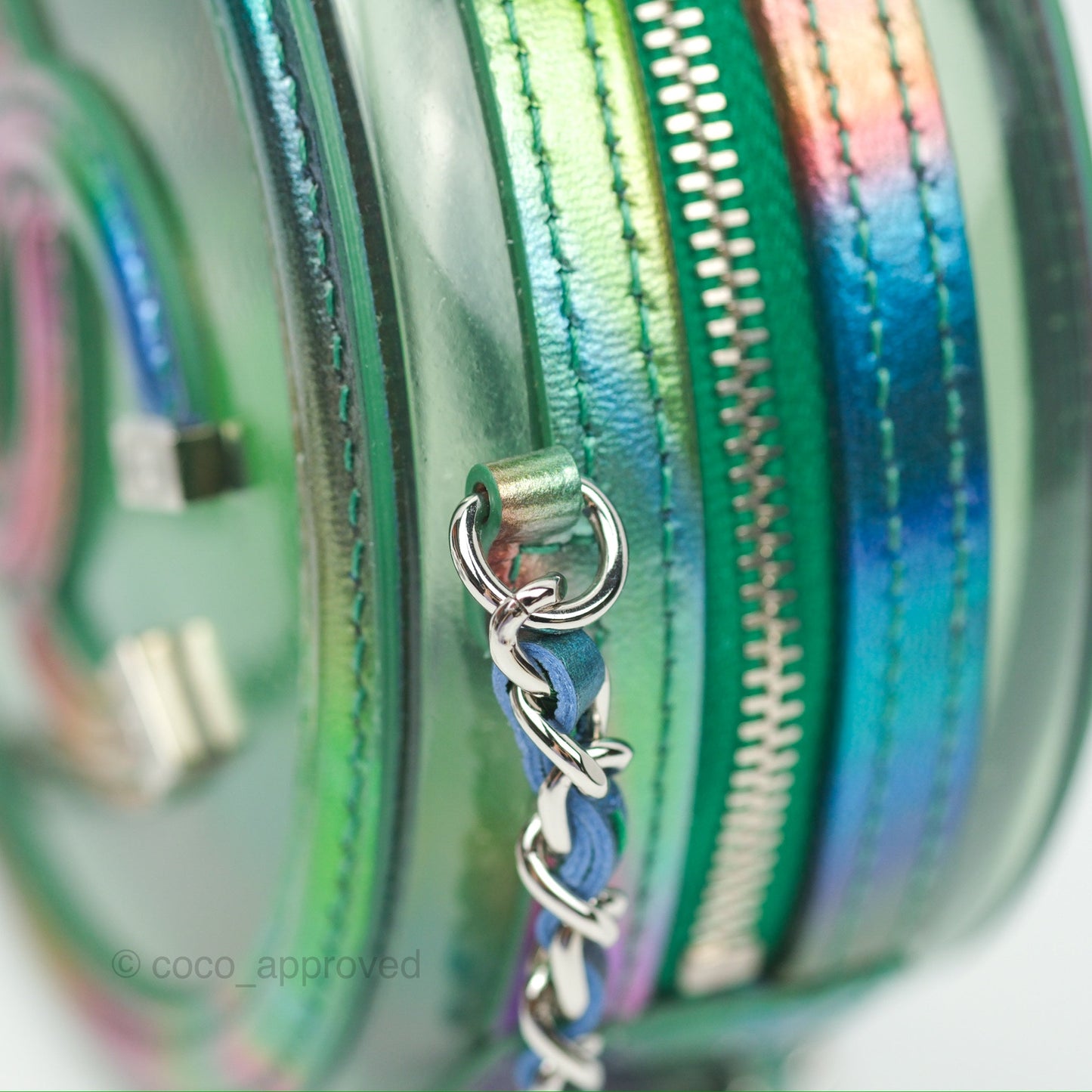 Chanel Filigree Rainbow Green PVC Round Clutch With Chain Silver Hardware 20C