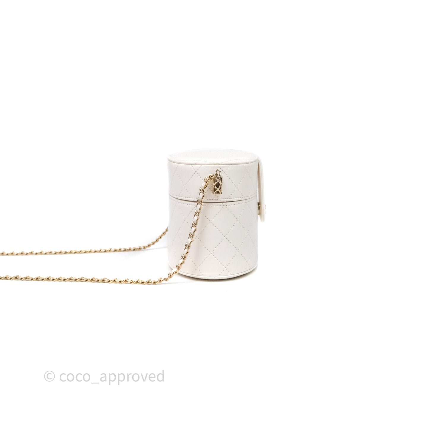 Chanel Quilted Round Vanity Clutch With Chain White Lambskin Gold Hardware
