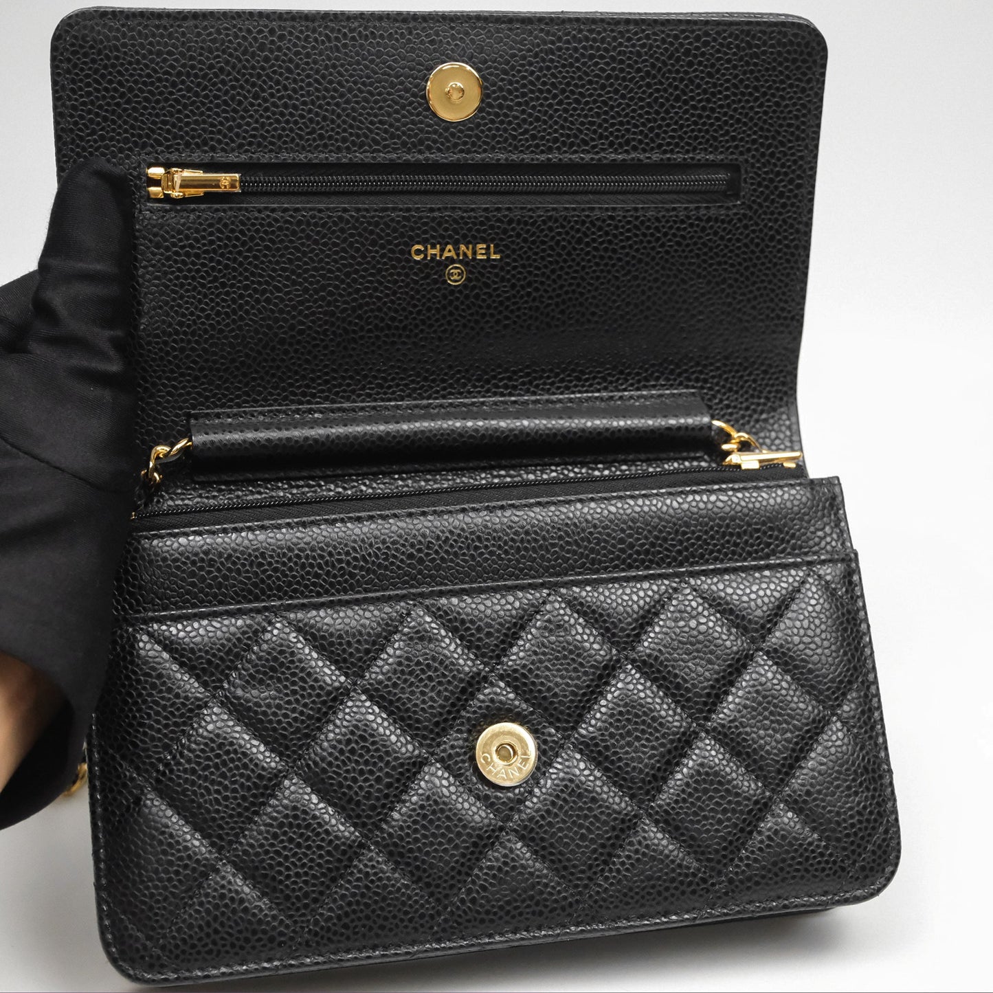 Chanel Classic Quilted Wallet On Chain WOC Black Caviar Gold Hardware