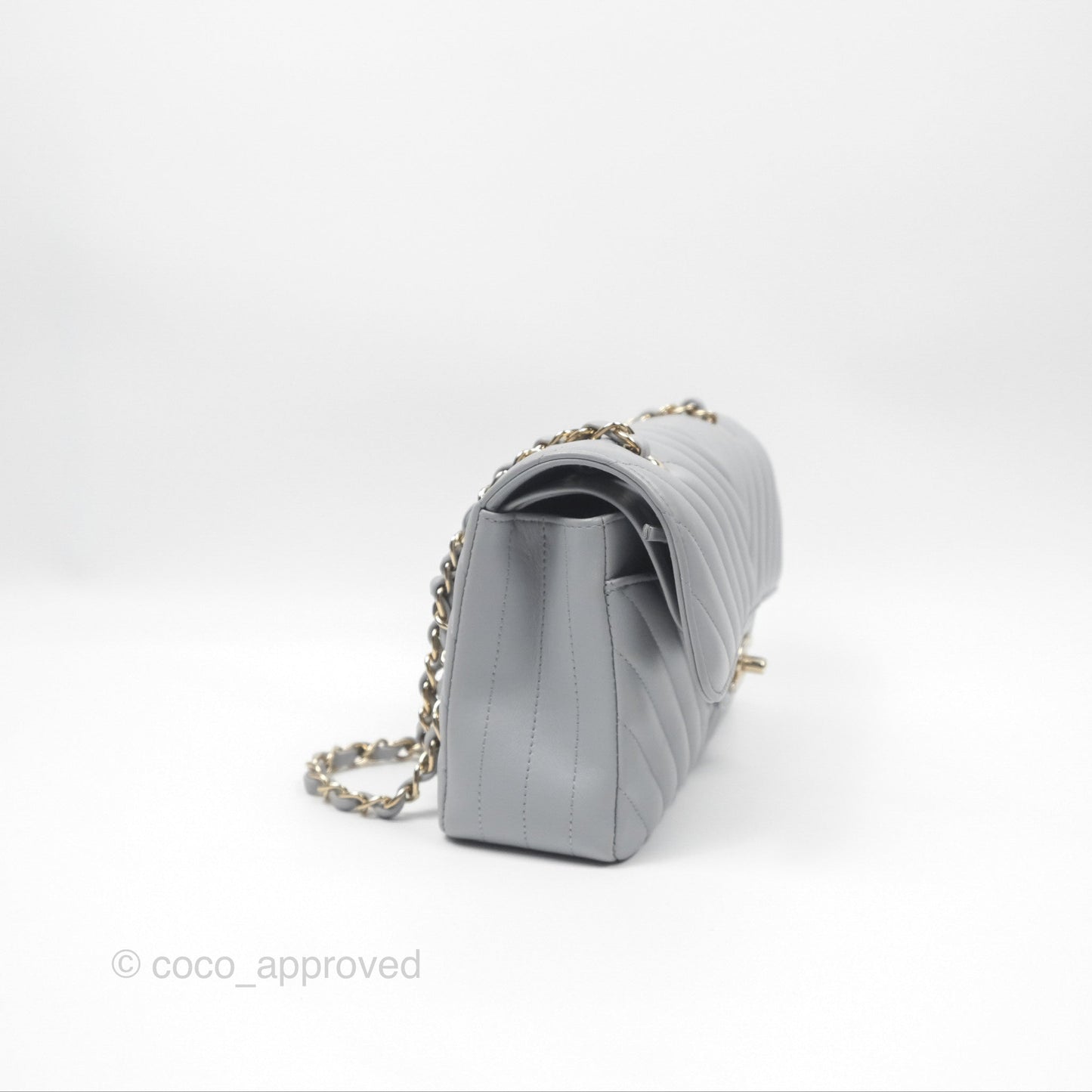 Chanel Small Classic Chevron Flap Grey Lambskin Gold Hardware