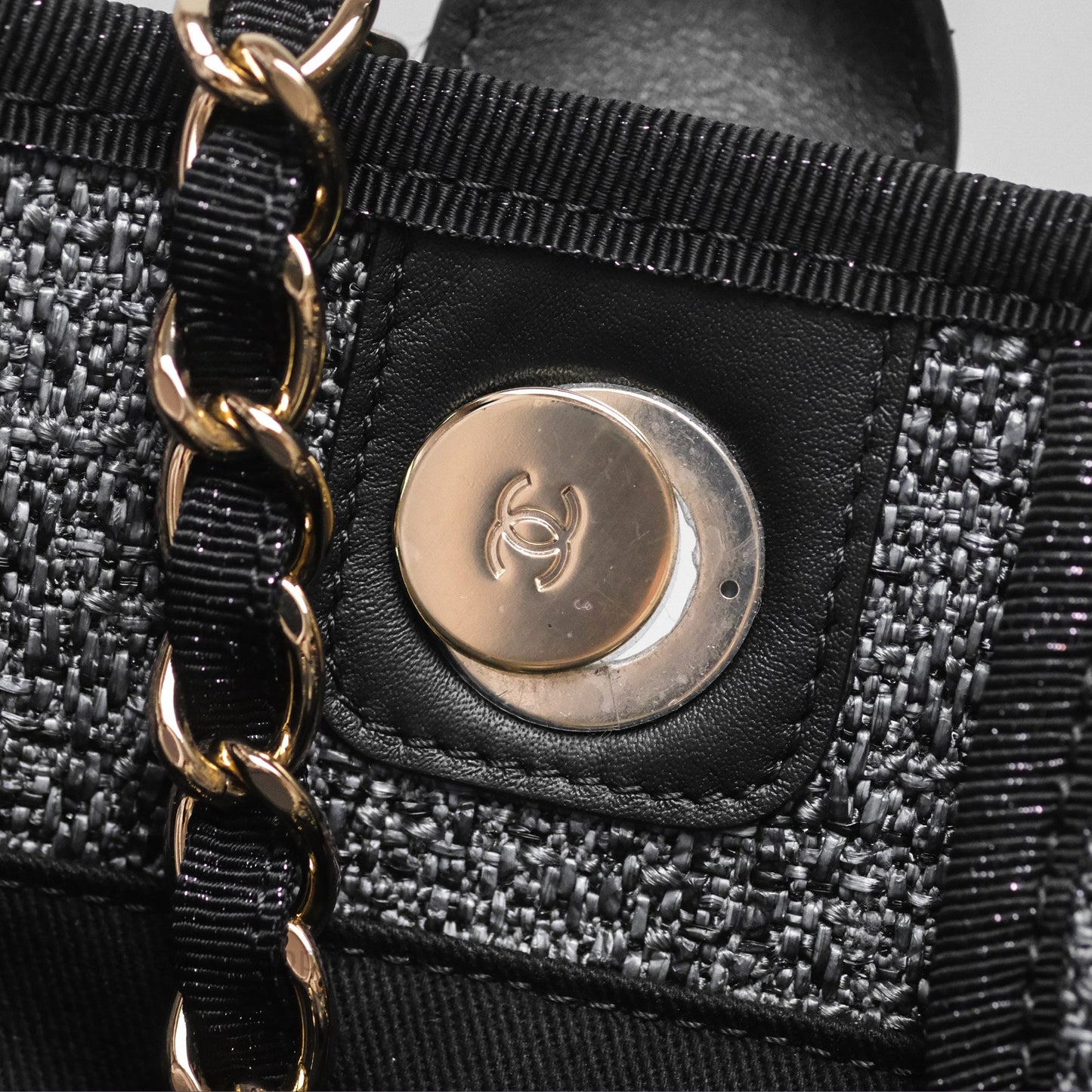 Chanel Large Deauville Glitter Black Grey Raffia Gold Hardware