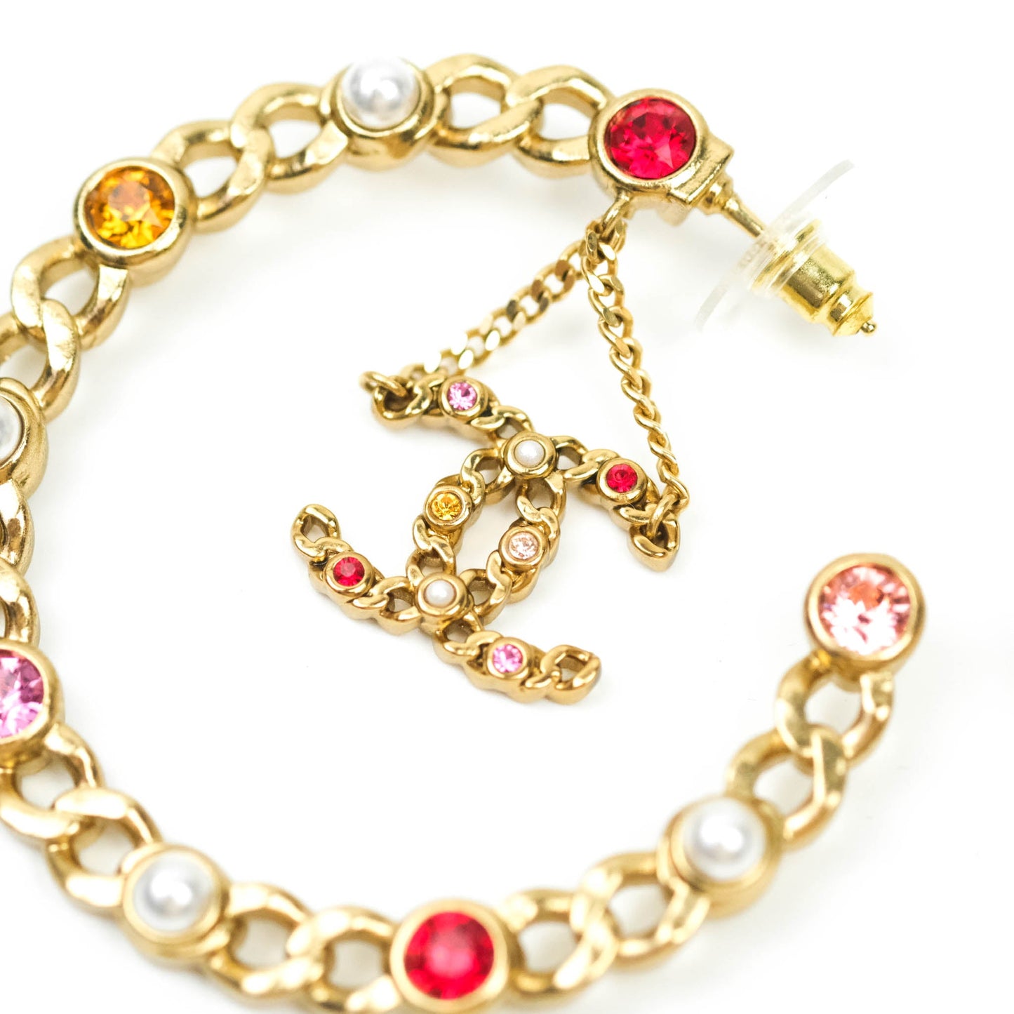 Chanel CC Pearl Rhinestone Hoop Earrings Gold Tone 21P