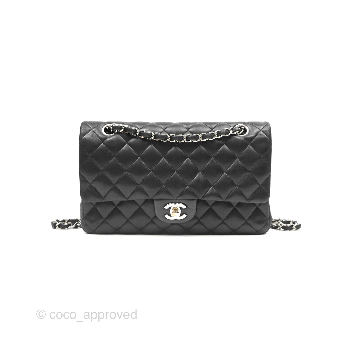 Chanel Classic M/L Medium Flap Quilted Black Lambskin Silver Hardware