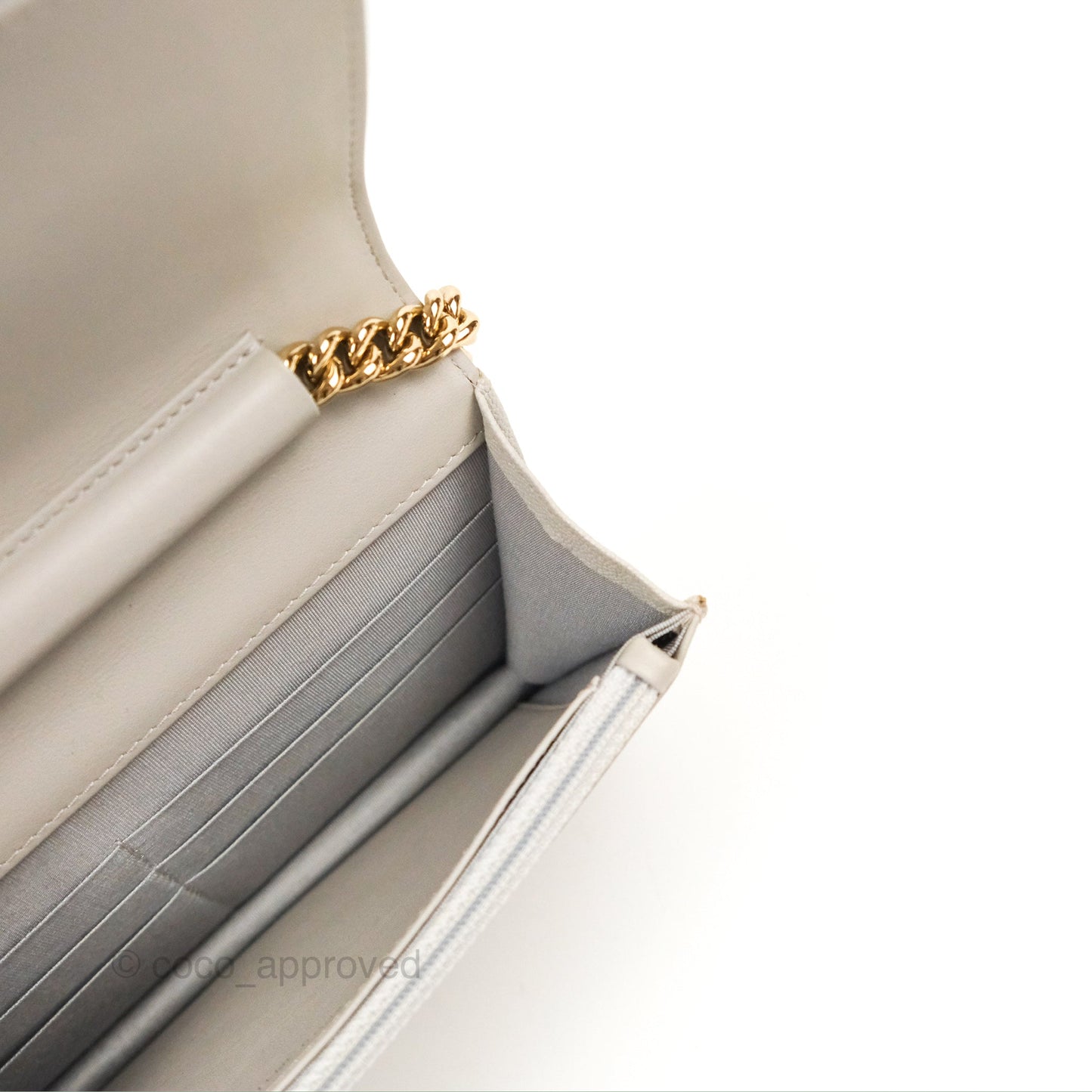 Chanel Quilted Boy Wallet on Chain WOC Light Grey Caviar Gold Hardware