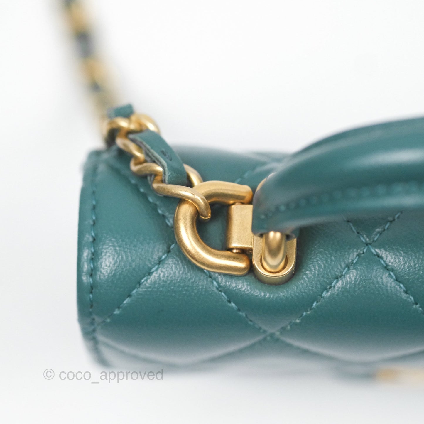 Chanel Mini Handle Clutch With Chain Green Lambskin Aged Gold Hardware