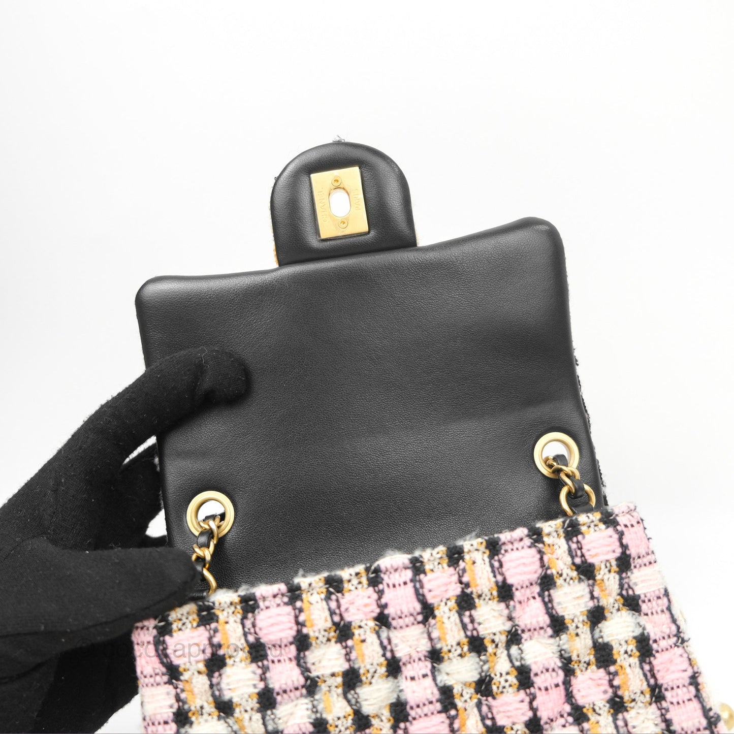 Chanel Pearl Crush Mini Square Quilted Pink Tweed Aged Gold Hardware