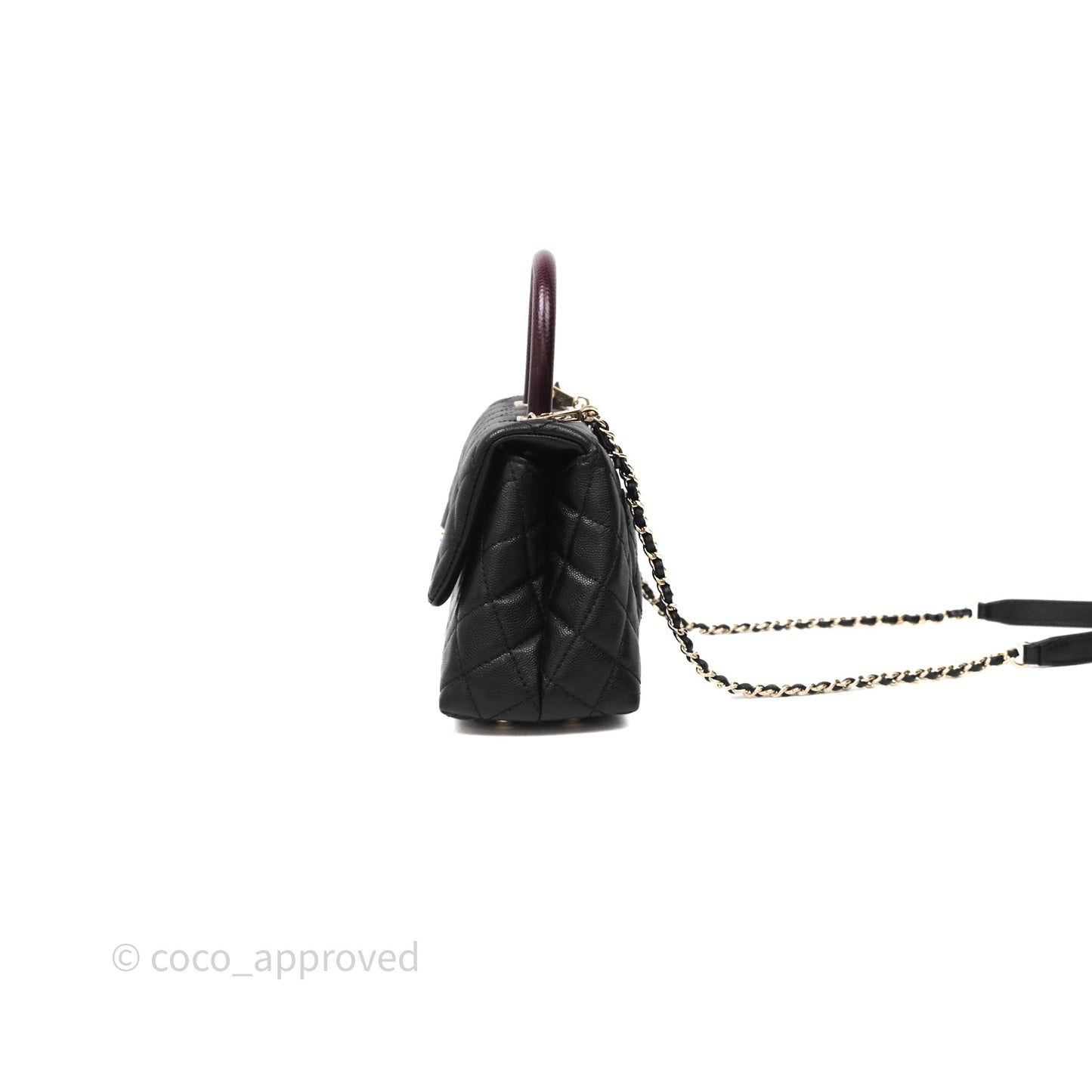 Chanel Small Coco Handle Quilted Black Caviar Aged Gold Hardware Lizard Handle