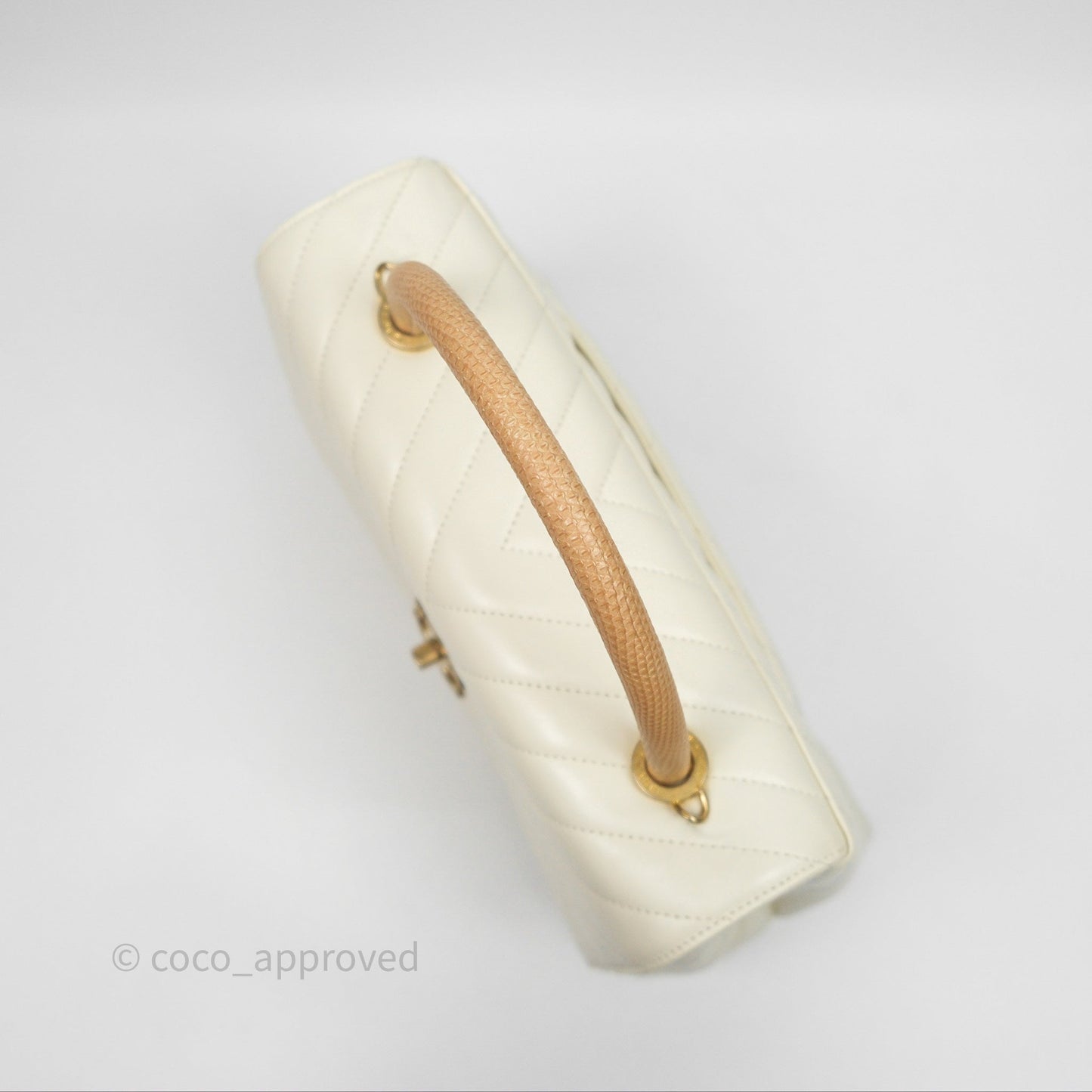 Chanel Medium Coco Handle Chevron Aged Calfskin Ivory Aged Gold Hardware Beige Lizard Handle