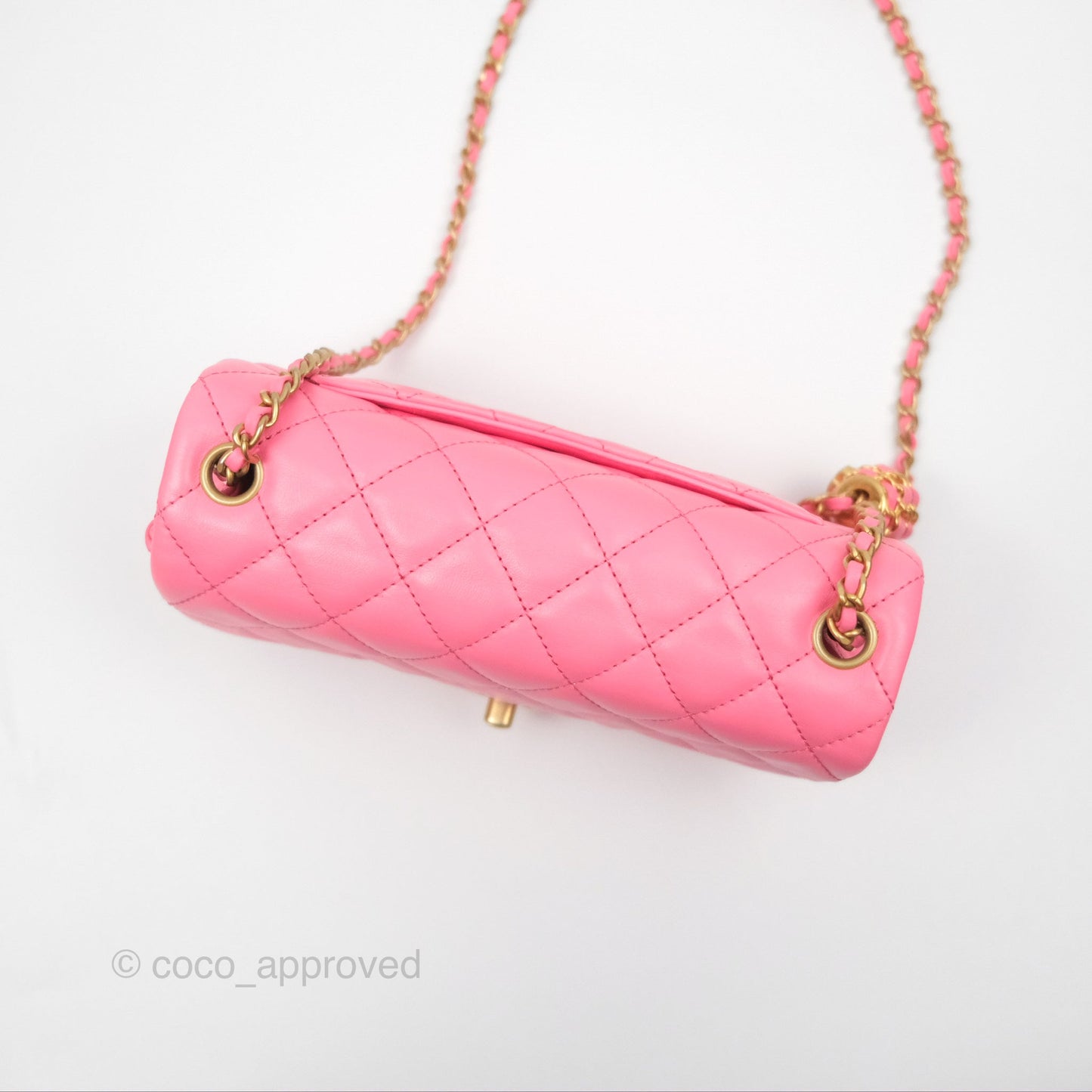 Chanel Mini Rectangular Pearl Crush Quilted Pink Lambskin Aged Gold Hardware
