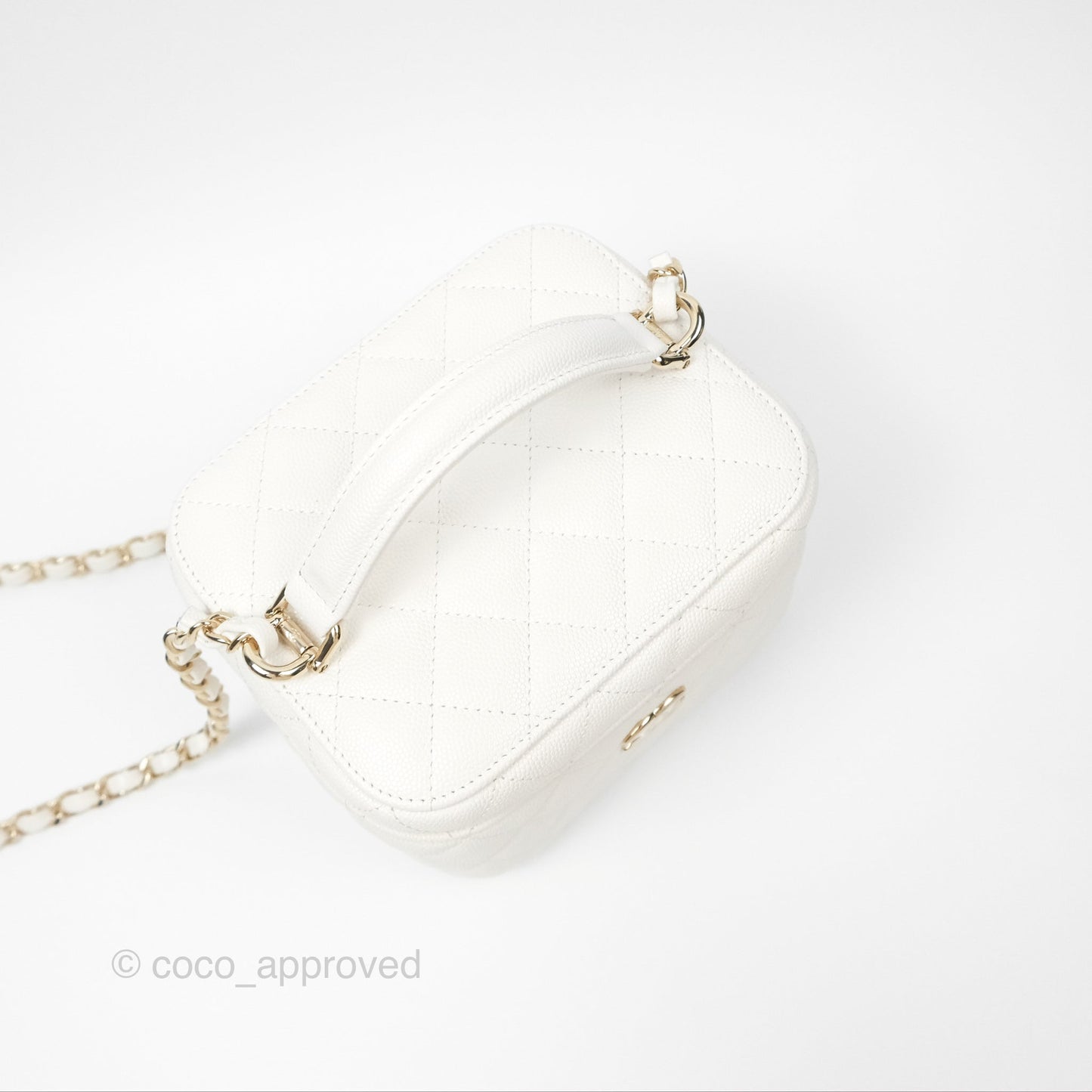 Chanel Quilted Top Handle Vanity Case White Caviar Gold Hardware