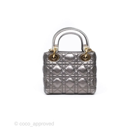 Christian Dior Mini Lady Dior Metallic Dark Grey Lambskin Cannage Gold Hardware