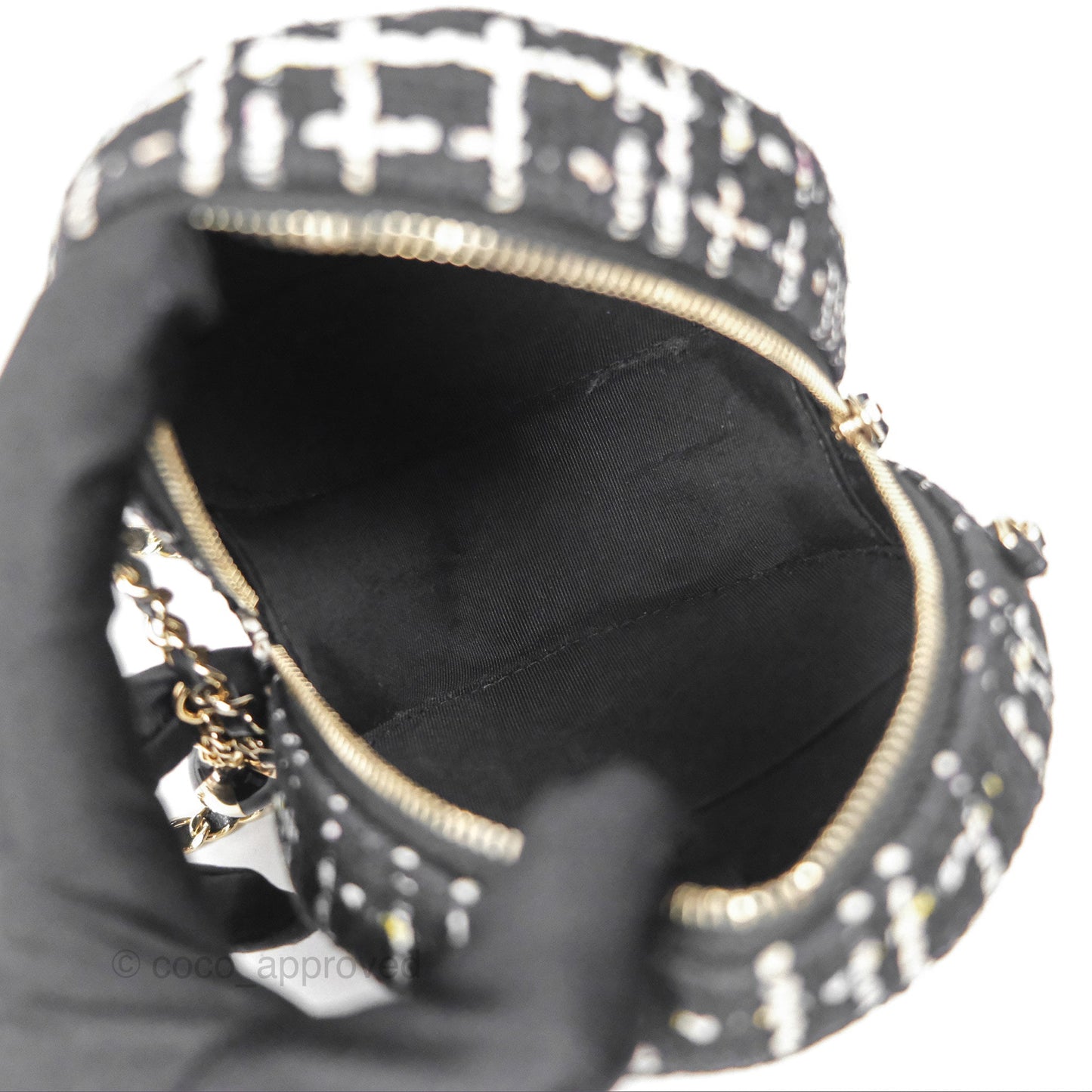 Chanel Classic Quilted Round Clutch With Chain Black Tweed Gold Hardware