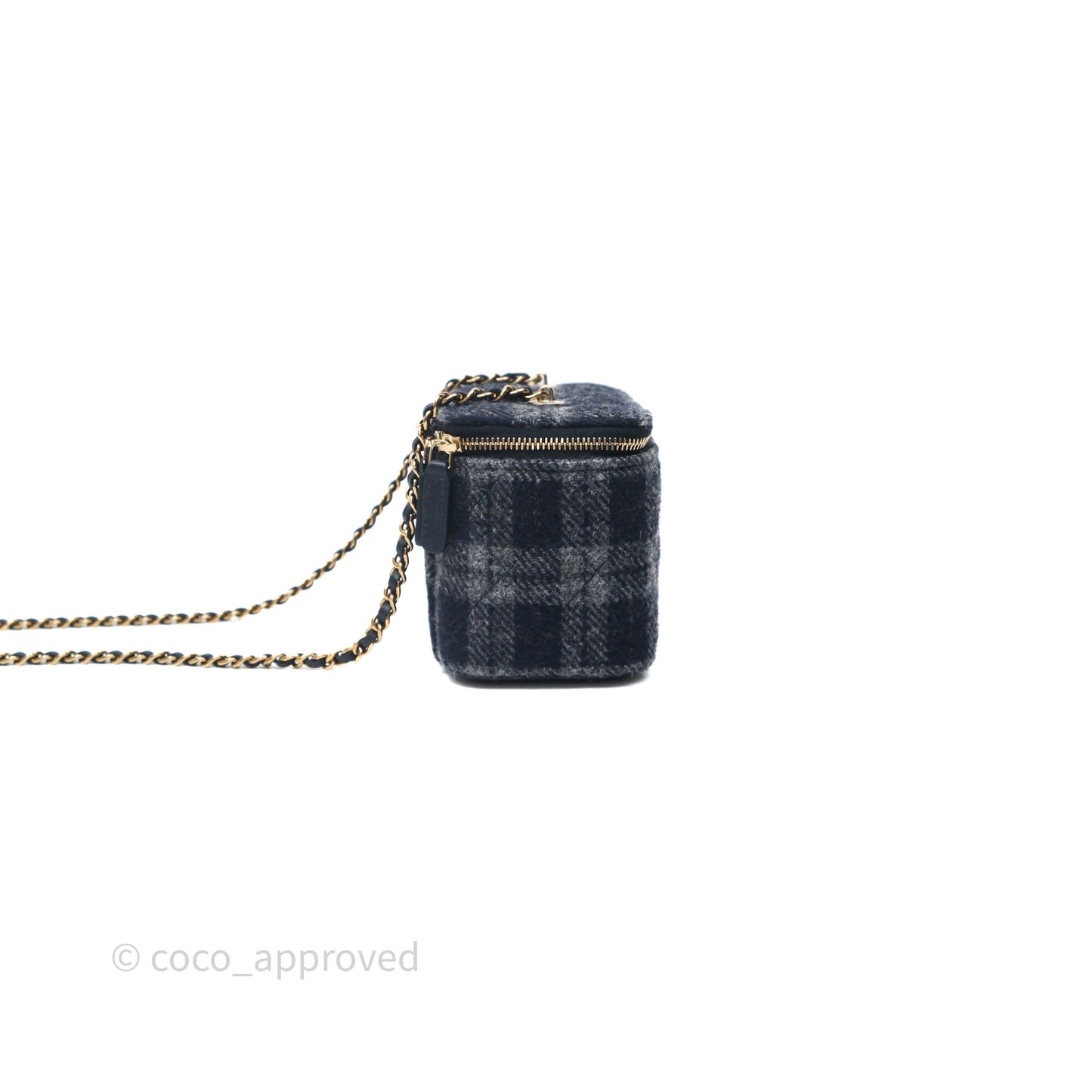 Chanel Vanity With Chain Navy Tweed Plaid Gold Hardware