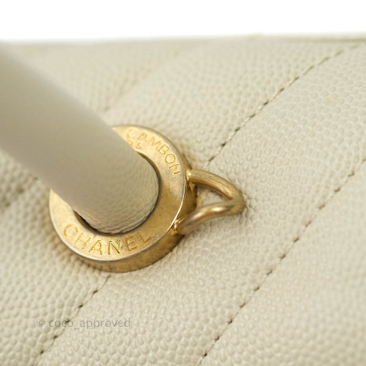 Chanel Mini Coco Handle Chevron Stone White Caviar Aged Gold Hardware