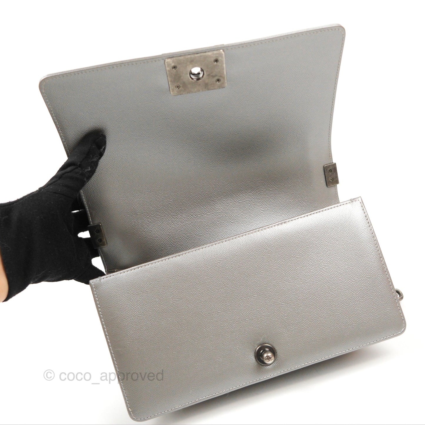 Chanel Quilted Medium Boy Silver Caviar Ruthenium Hardware
